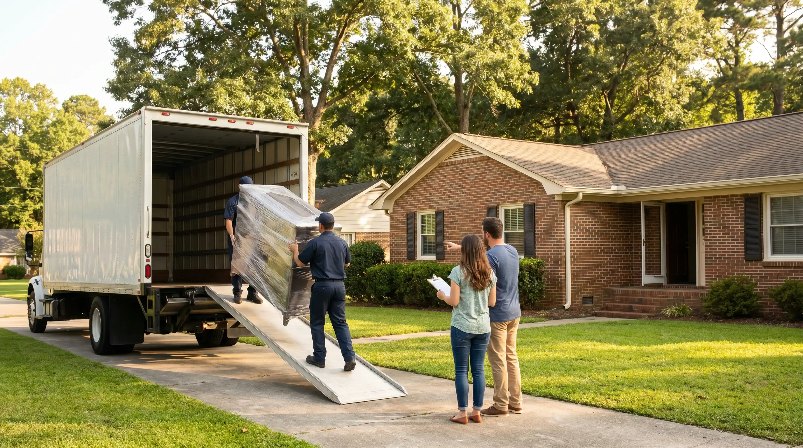 Professional moving crew loading furniture into a moving truck in front of a Greenville, NC residential home