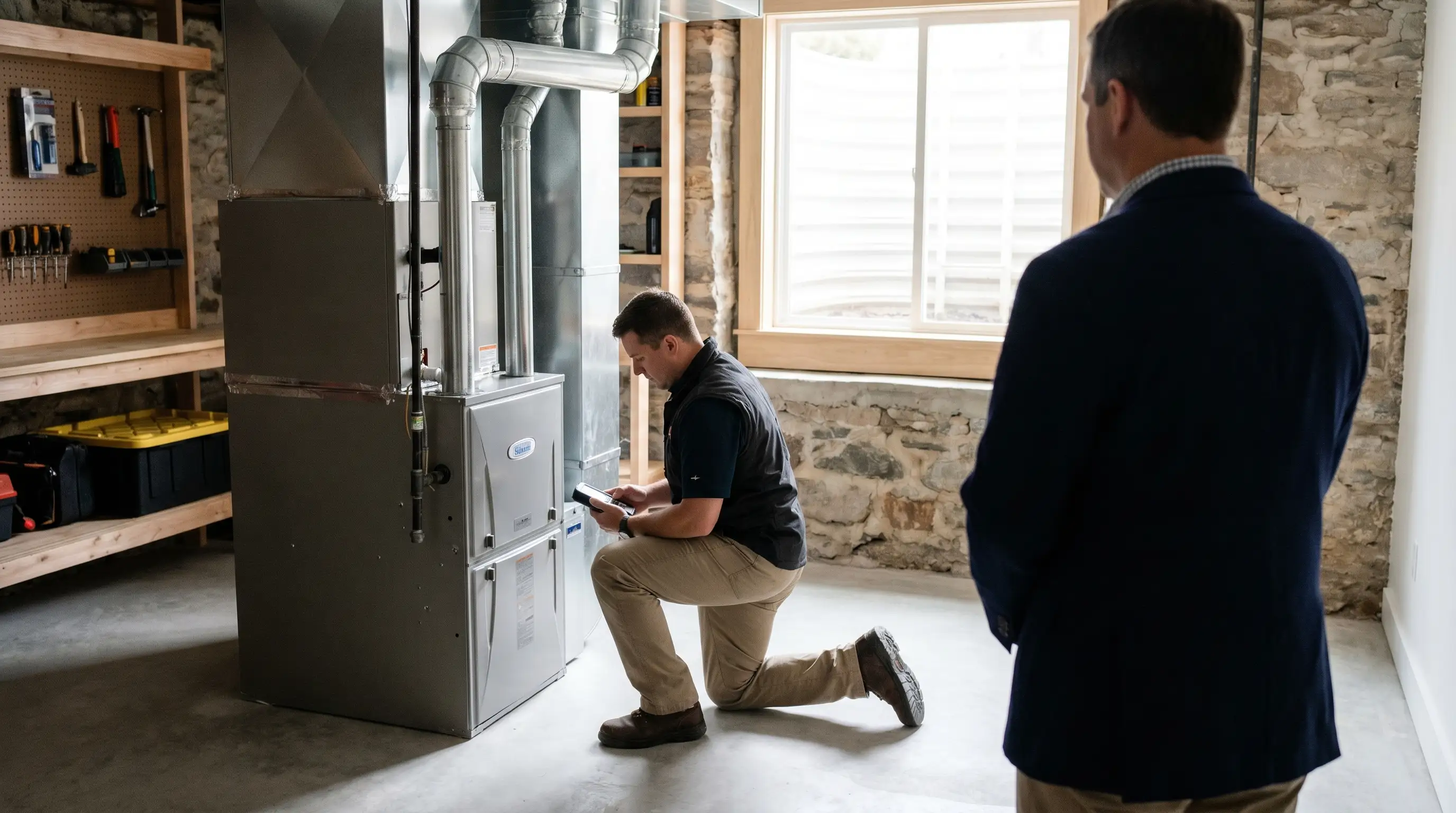 Professional HVAC technician servicing a furnace in a Nashua, NH home basement