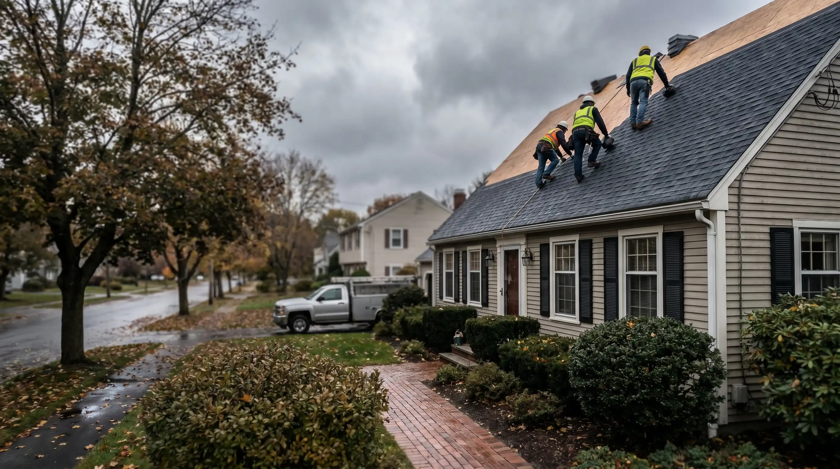 Professional roofing crew replacing asphalt shingles on a colonial home in Nashua, NH