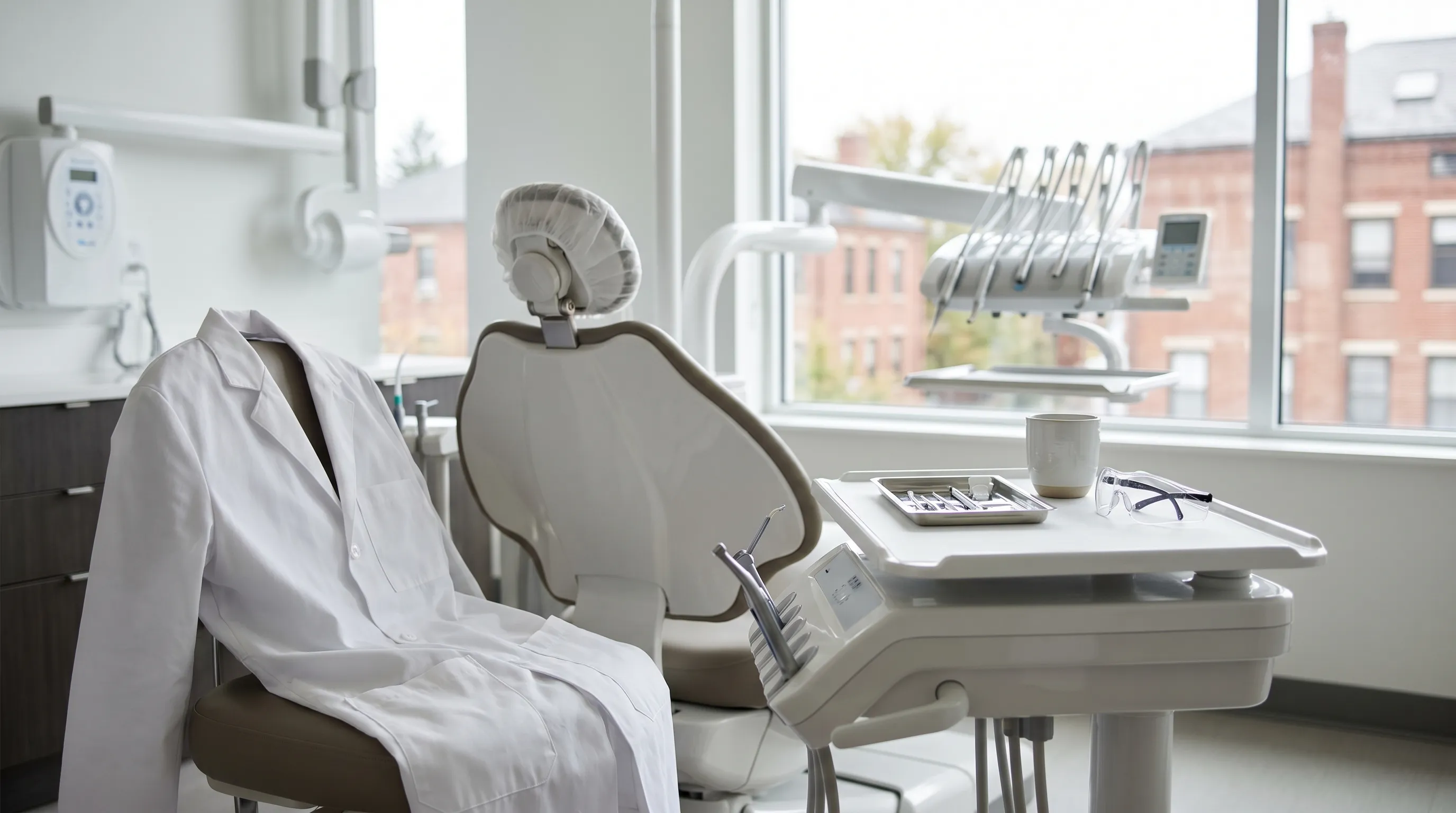 Modern dental office consultation room in Nashua, NH with dentist and patient