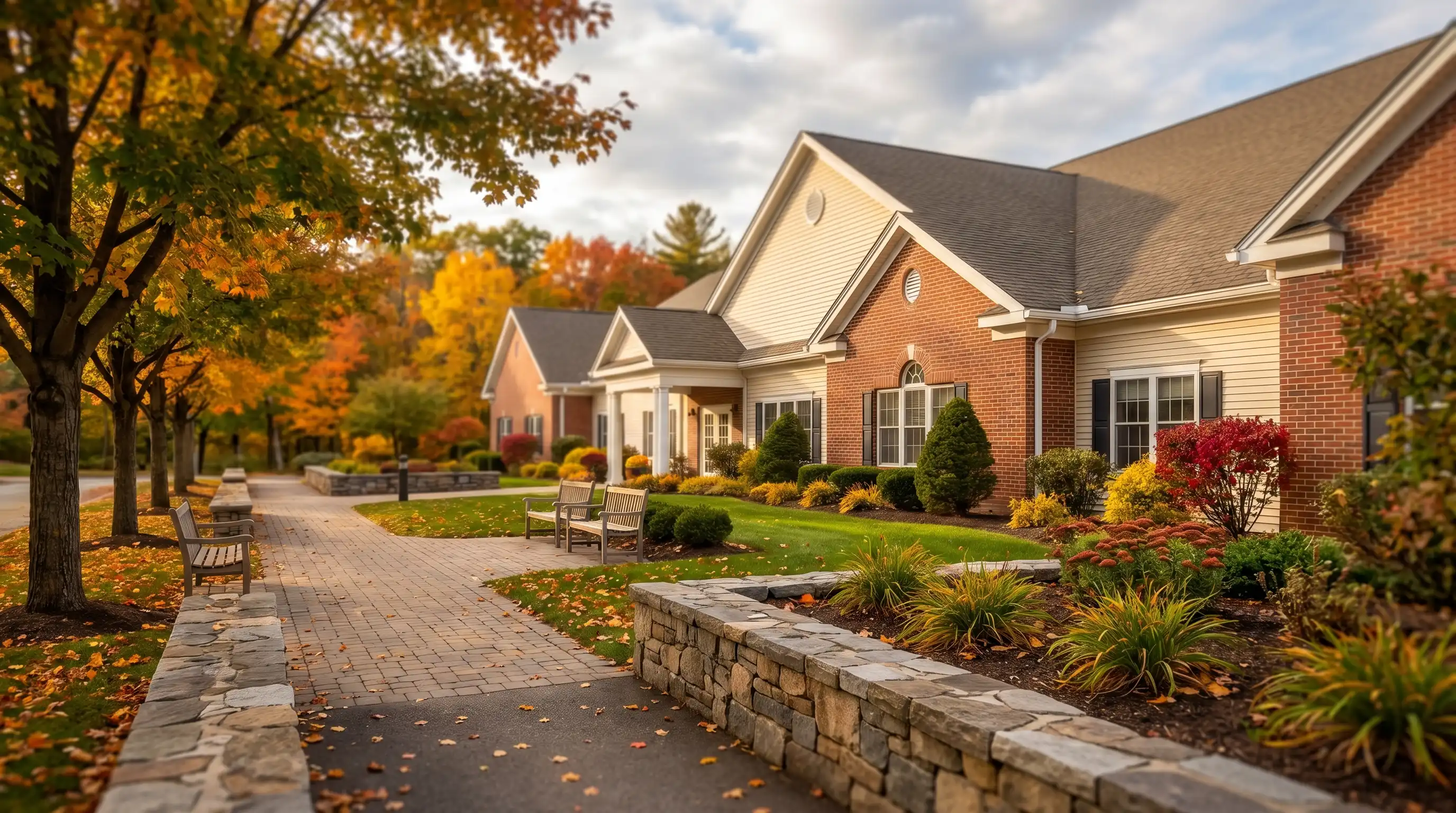 Caregiver and senior resident in a welcoming assisted living common room in Nashua, NH