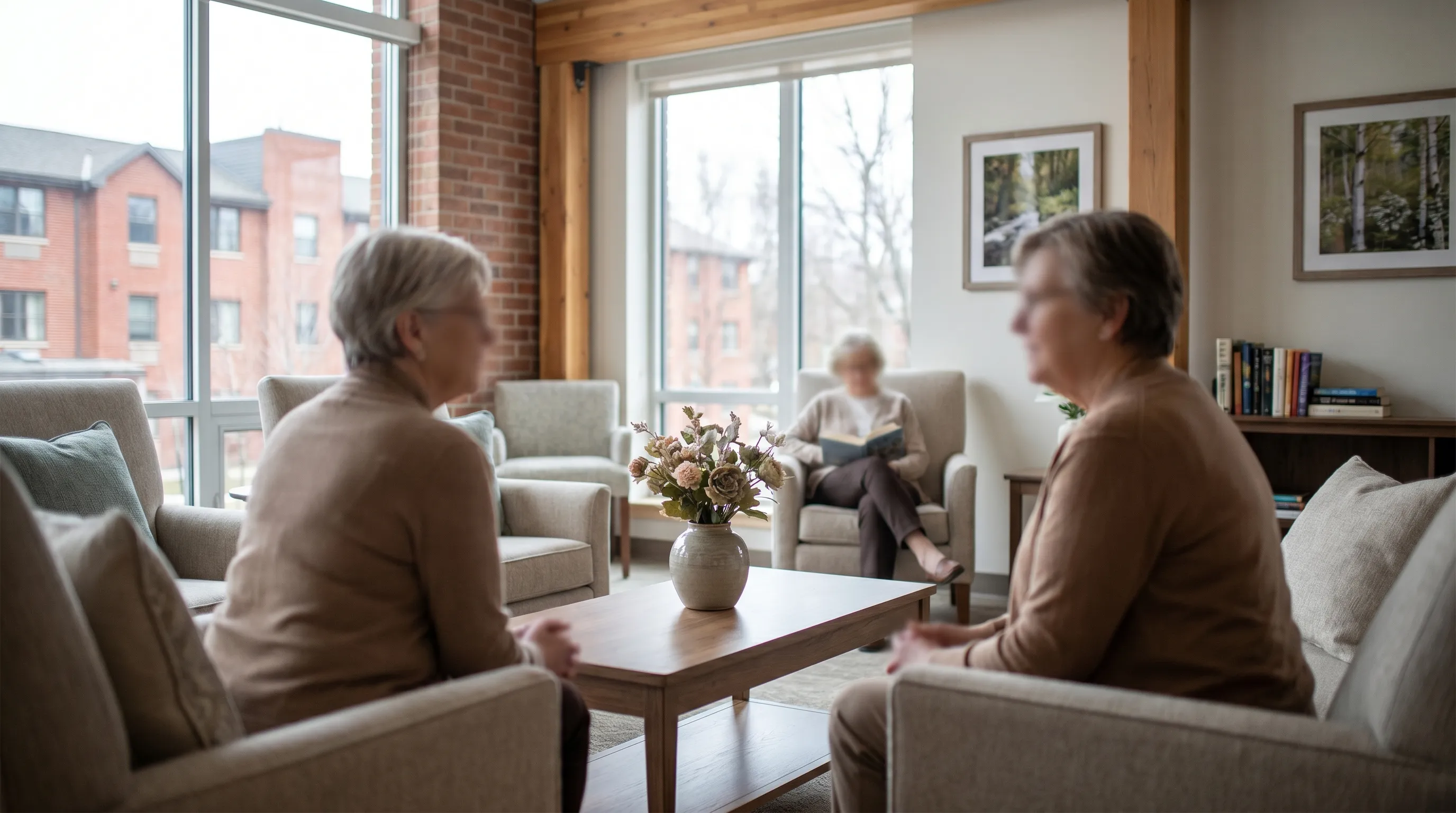 Caregiver and senior resident in a welcoming assisted living common room in Nashua, NH
