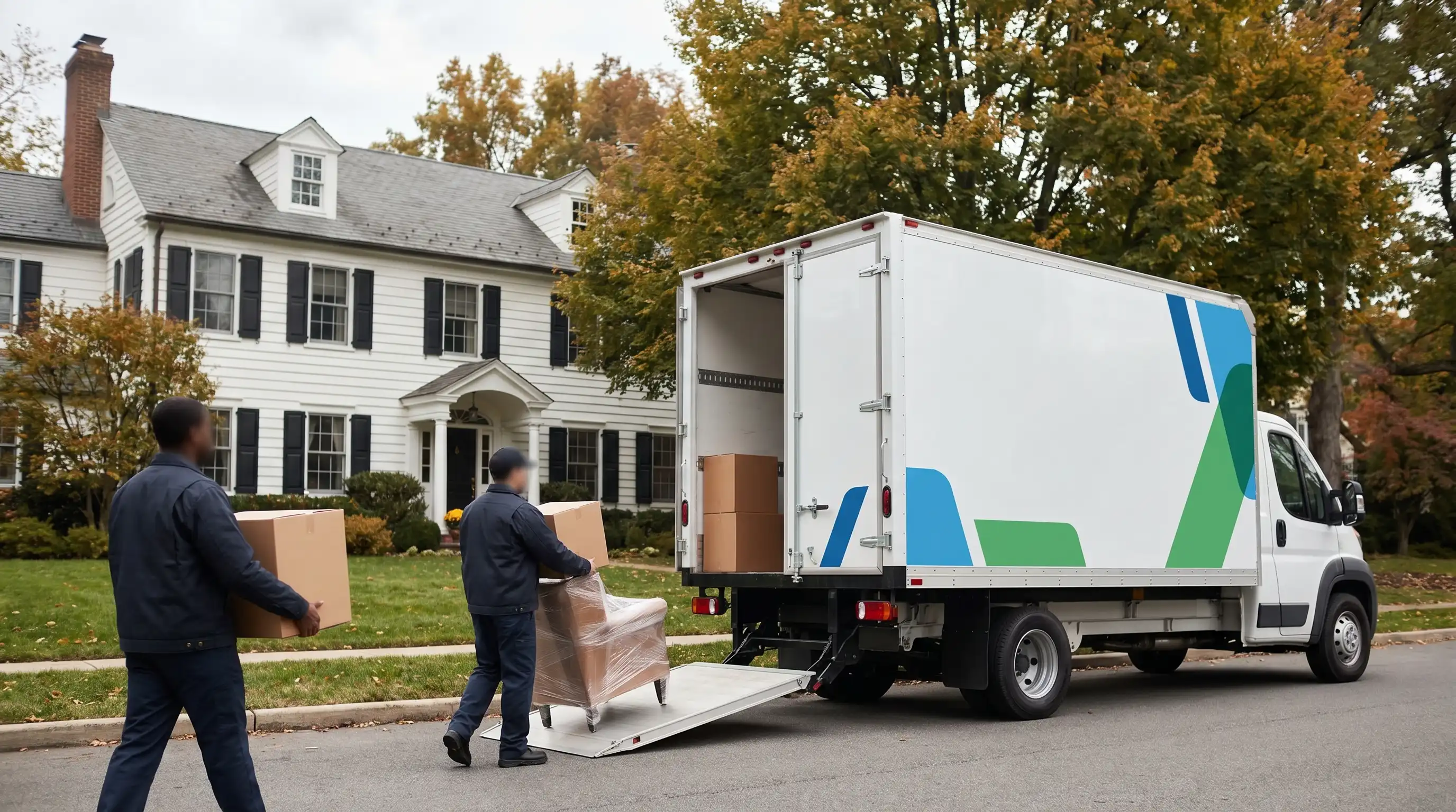 Professional moving crew carefully handling furniture inside a Nashua, NH colonial home