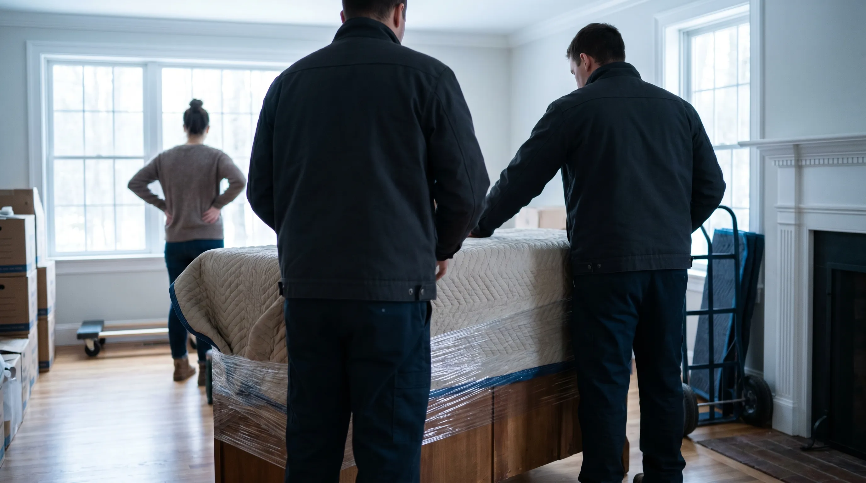 Professional moving crew carefully handling furniture inside a Nashua, NH colonial home