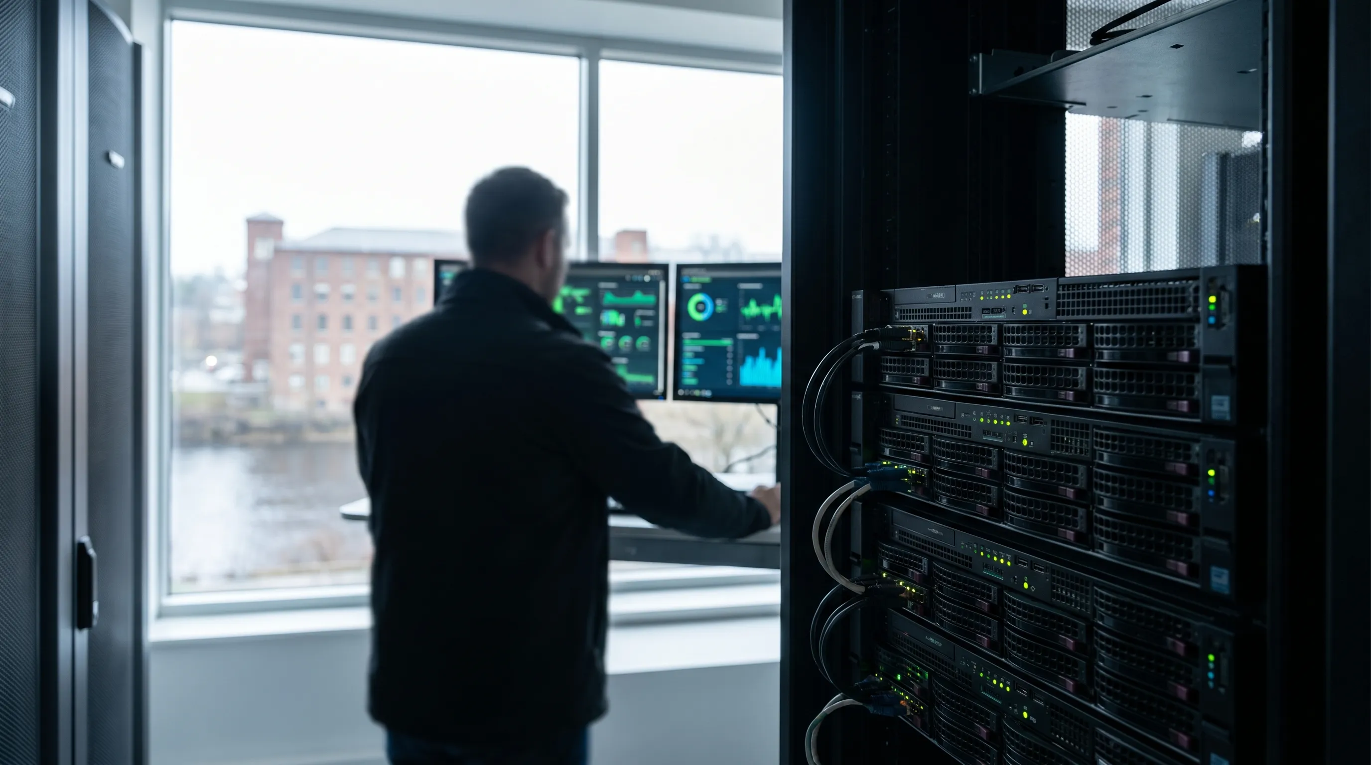 Managed IT professional monitoring server infrastructure in a Nashua, NH tech office