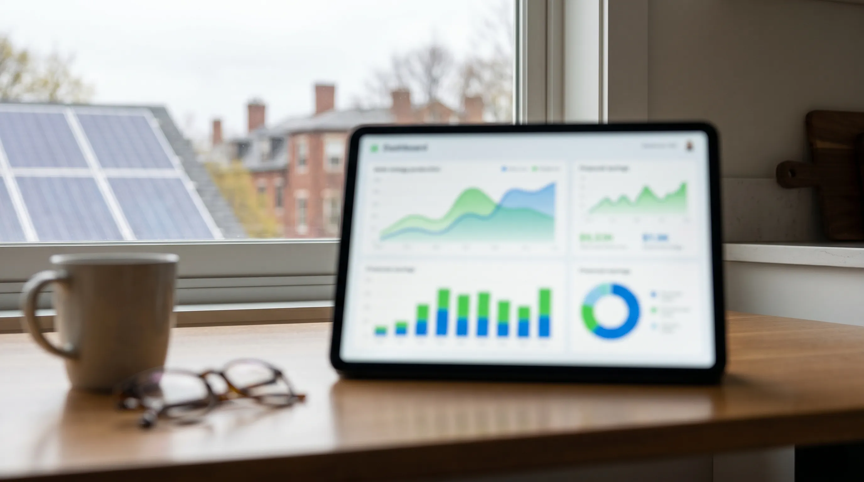 Nashua, NH homeowner reviewing solar energy monitoring dashboard showing production and savings data