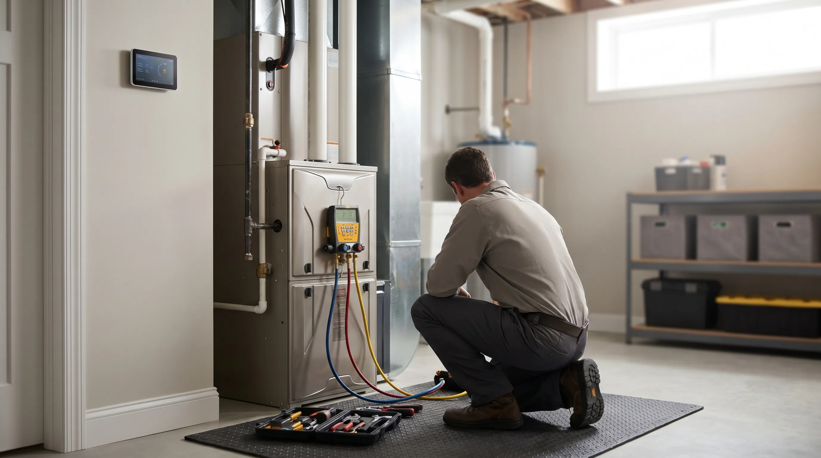 HVAC technician servicing a high-efficiency system on a colonial home in Norwalk, CT, with Long Island Sound visible in the background