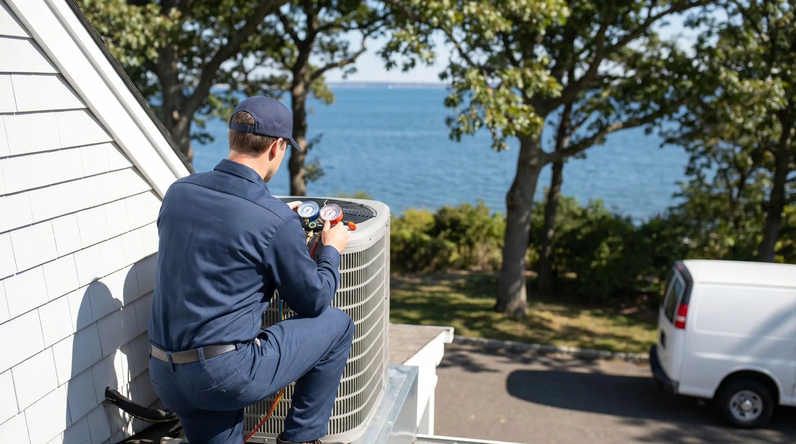 HVAC technician servicing a high-efficiency system on a colonial home in Norwalk, CT, with Long Island Sound visible in the background