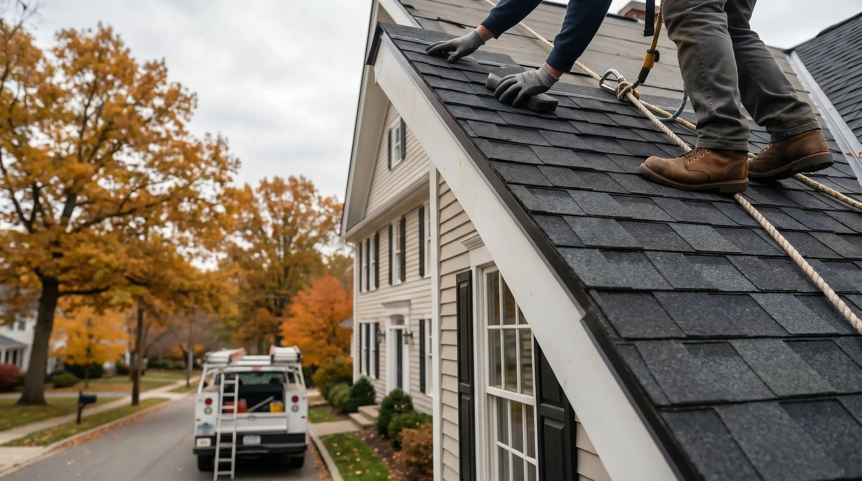Roofing crew installing architectural shingles on a colonial home in Norwalk, CT, with Connecticut autumn foliage in the background