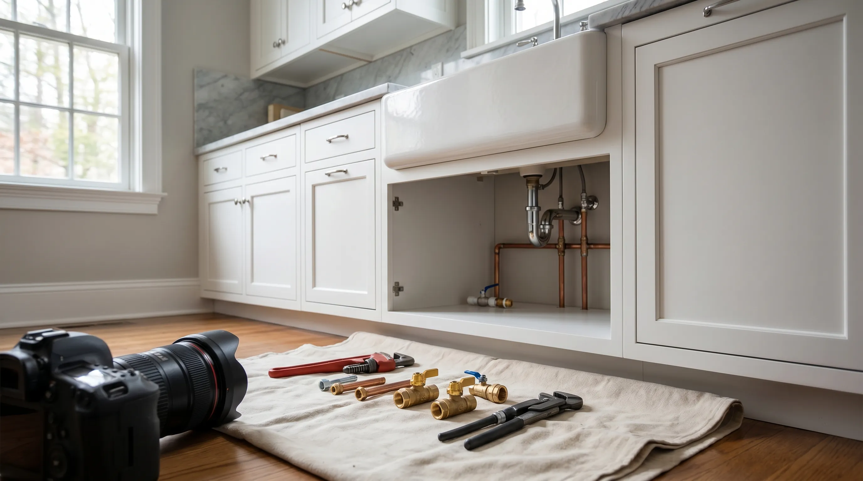 Professional plumber replacing supply valves under a farmhouse sink in a Norwalk, CT home with Fairfield County-level finishes