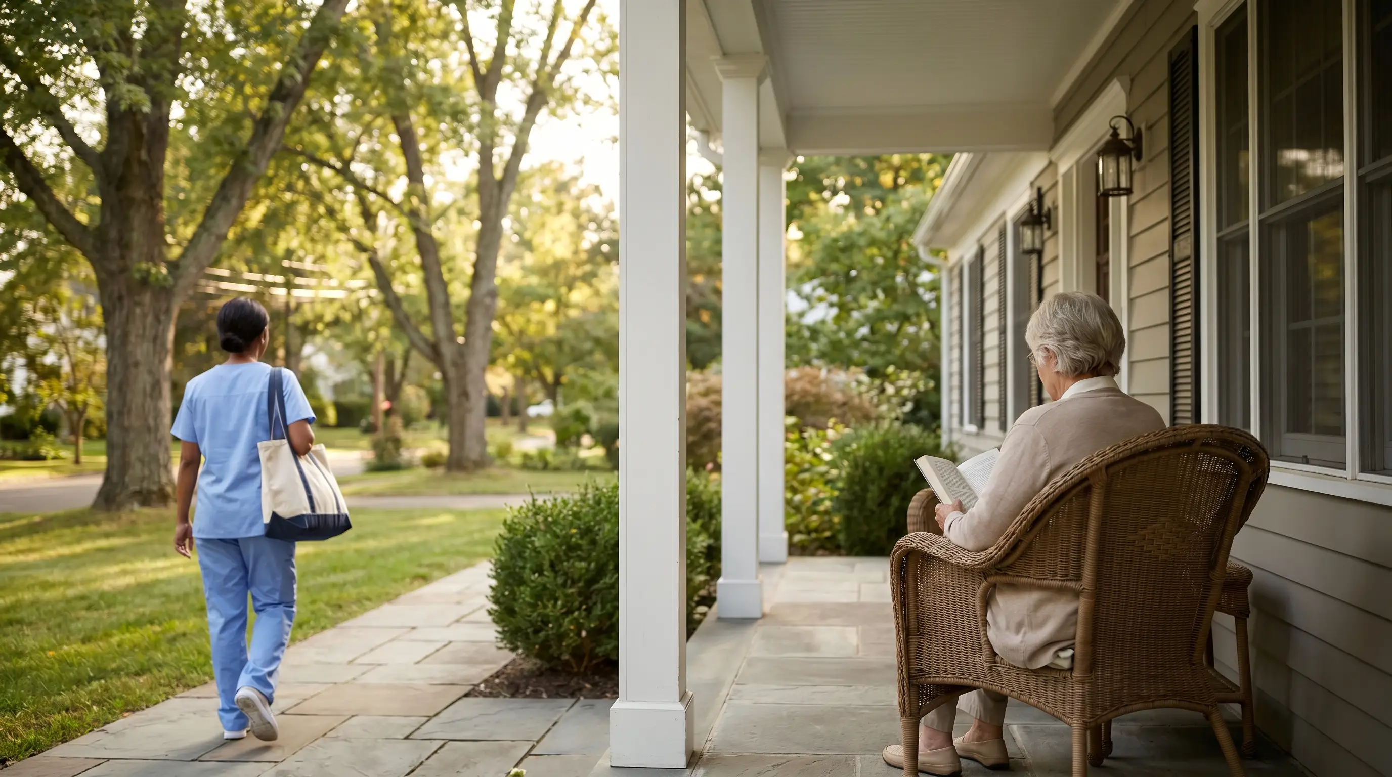 Home care aide in light blue scrubs approaching a Norwalk, CT colonial ranch home where an elderly woman reads on the covered front porch, with mature elm trees lining the residential street