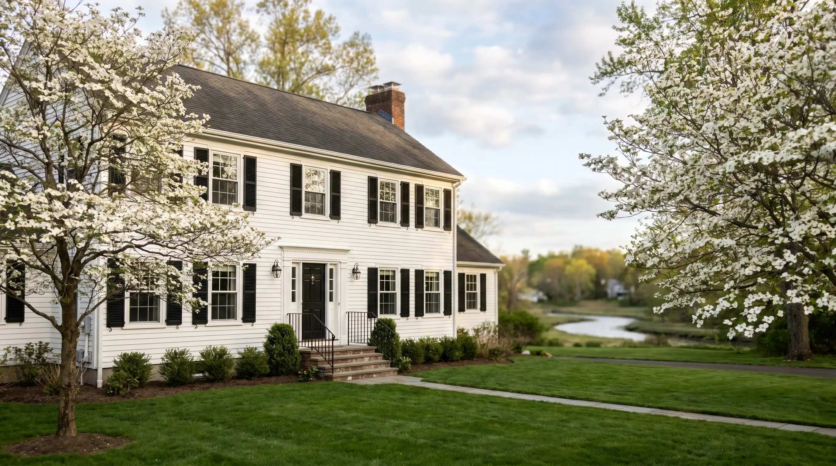 Real estate agent shaking hands with a client couple at the front steps of a white colonial home in East Norwalk, CT, with flowering dogwood trees and the Five Mile River waterway visible in the background