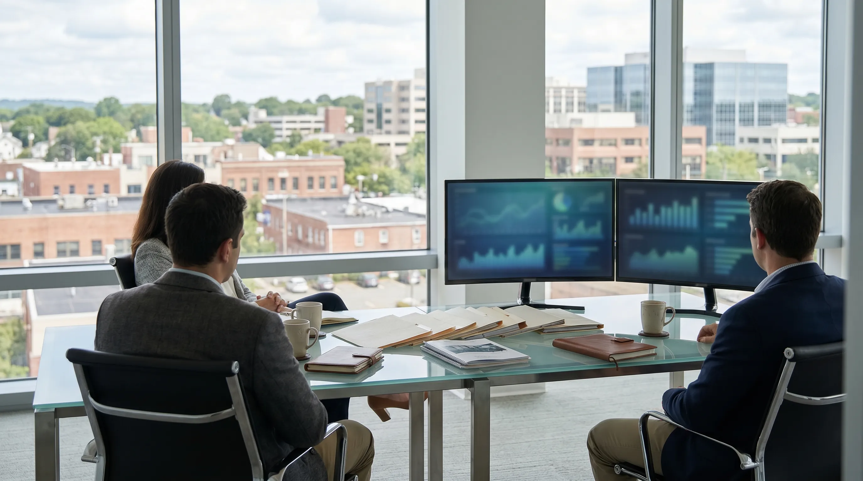 Financial advisor seated across from a client couple at a glass-topped conference table in a Norwalk, CT office, with dual monitors showing retirement projection charts and floor-to-ceiling windows overlooking downtown Norwalk