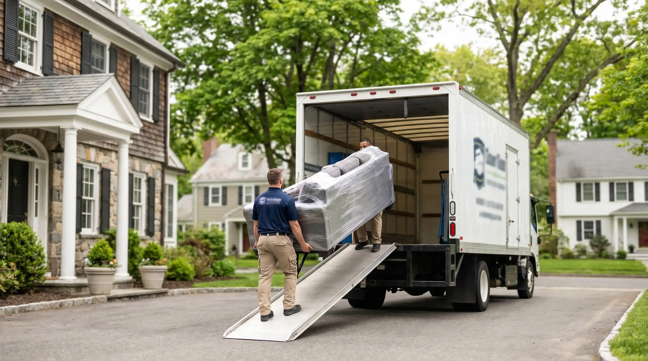 Moving crew in branded polo shirts loading a 26-foot truck in the driveway of a colonial home in Norwalk's Silvermine neighborhood, with mature maples and Connecticut residential streetscape in the background