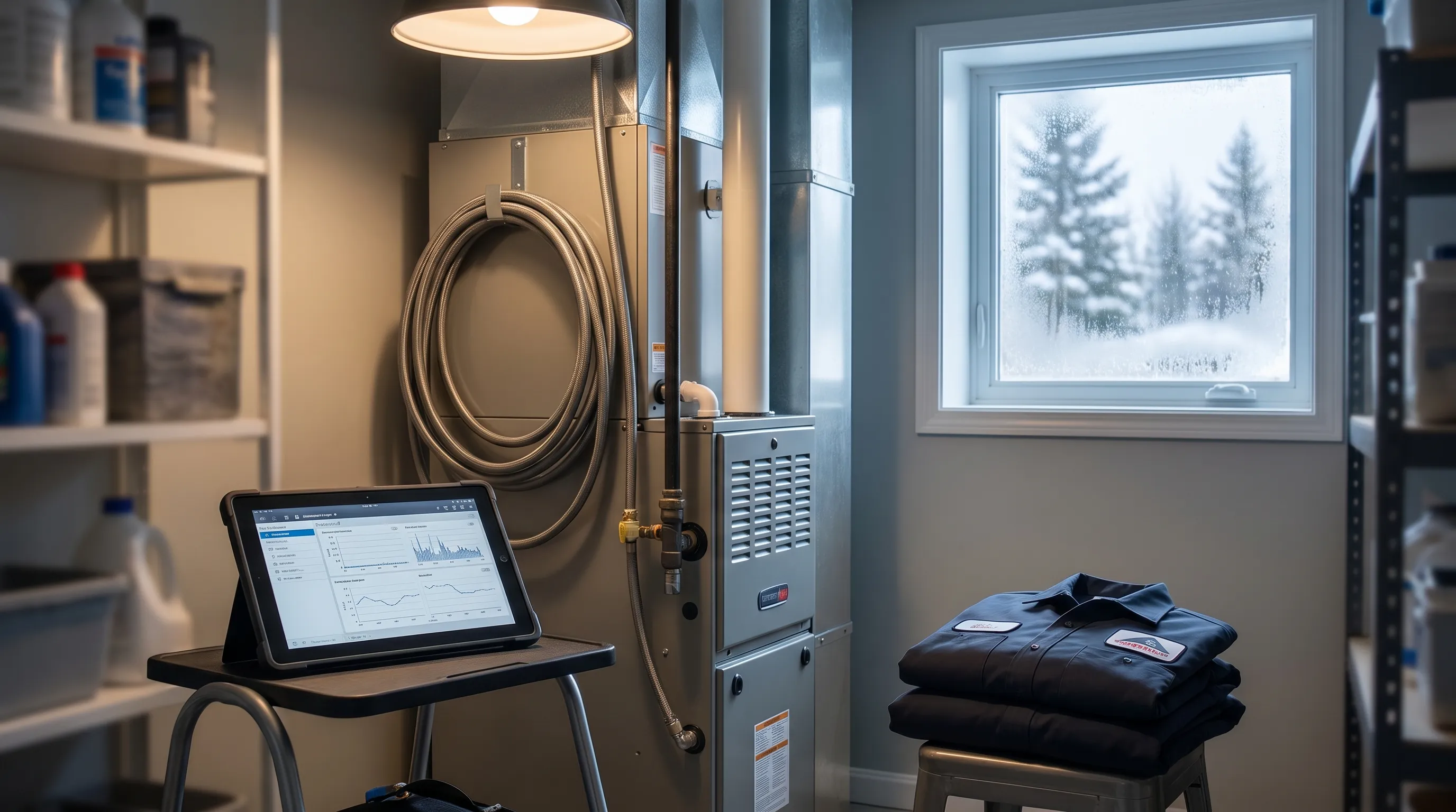 Professional HVAC technician servicing a high-efficiency furnace in a Duluth, MN home