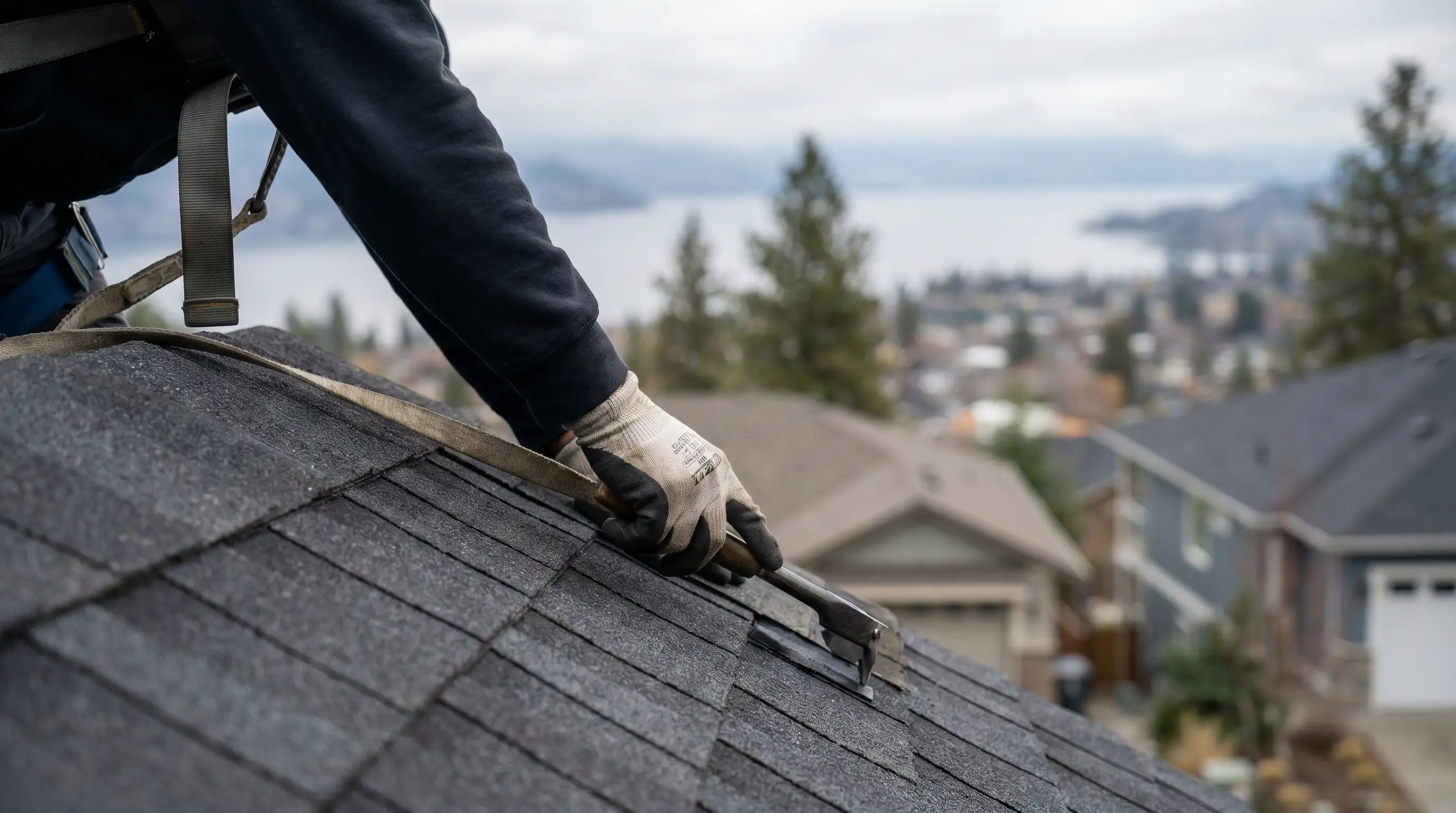 Professional roofer installing architectural shingles on a residential home in Duluth, MN with Lake Superior in the background