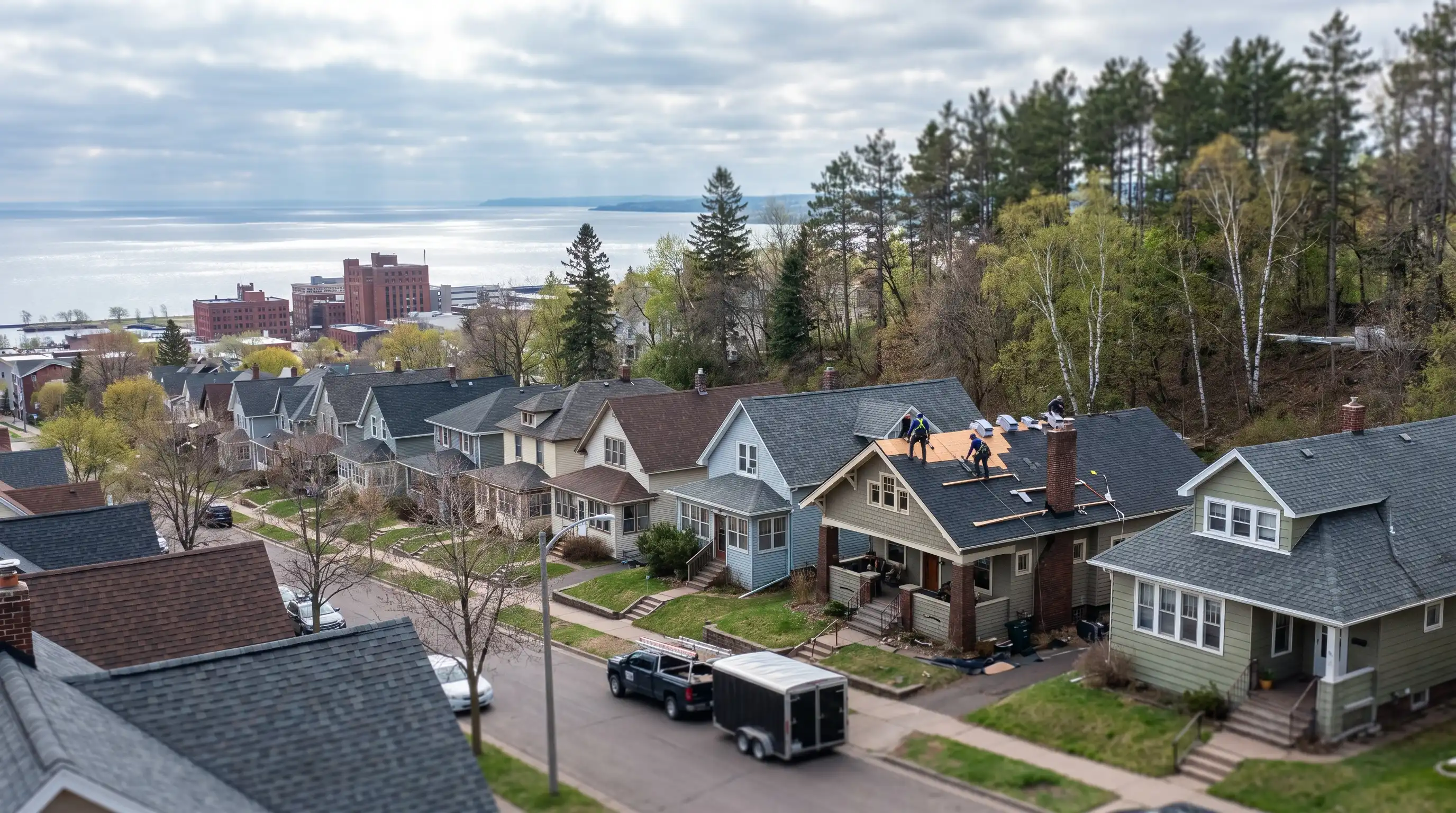 Professional roofer installing architectural shingles on a residential home in Duluth, MN with Lake Superior in the background