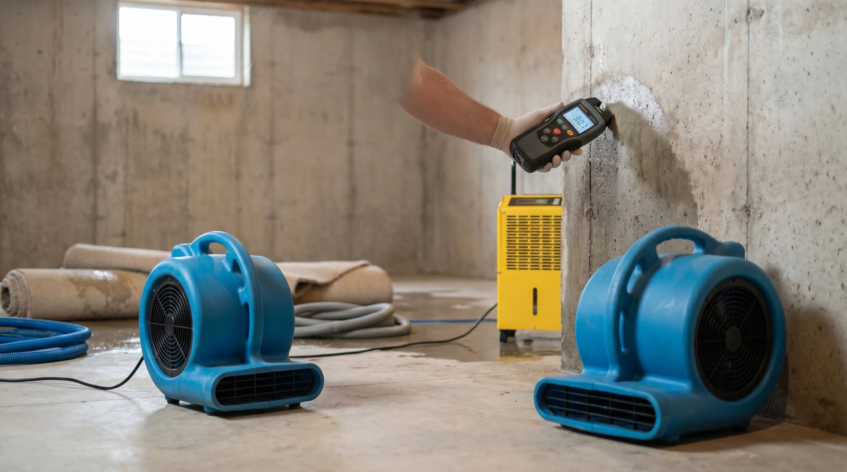 Water damage restoration technician using a moisture meter in a flooded Duluth, MN basement during spring snowmelt cleanup