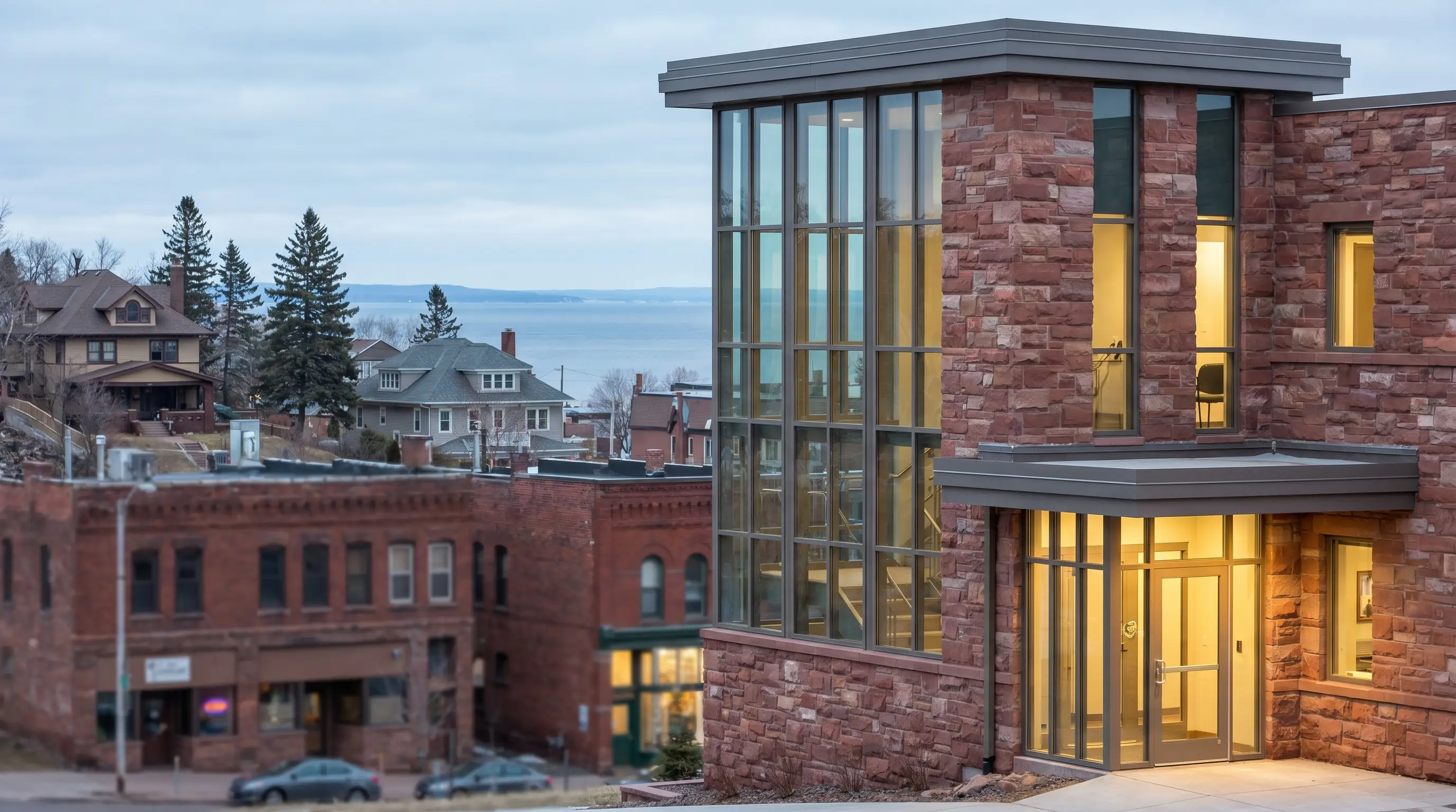 Dental professional performing a patient consultation in a modern Duluth, MN dental office with city views