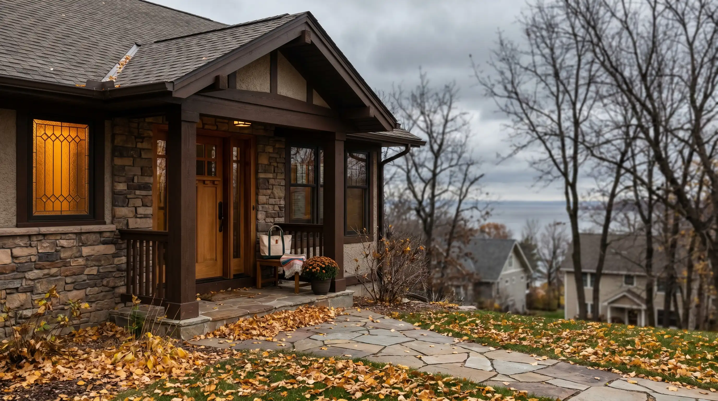 Professional caregiver arriving at a senior client's home in Duluth, MN on a winter afternoon with Lake Superior visible in the background