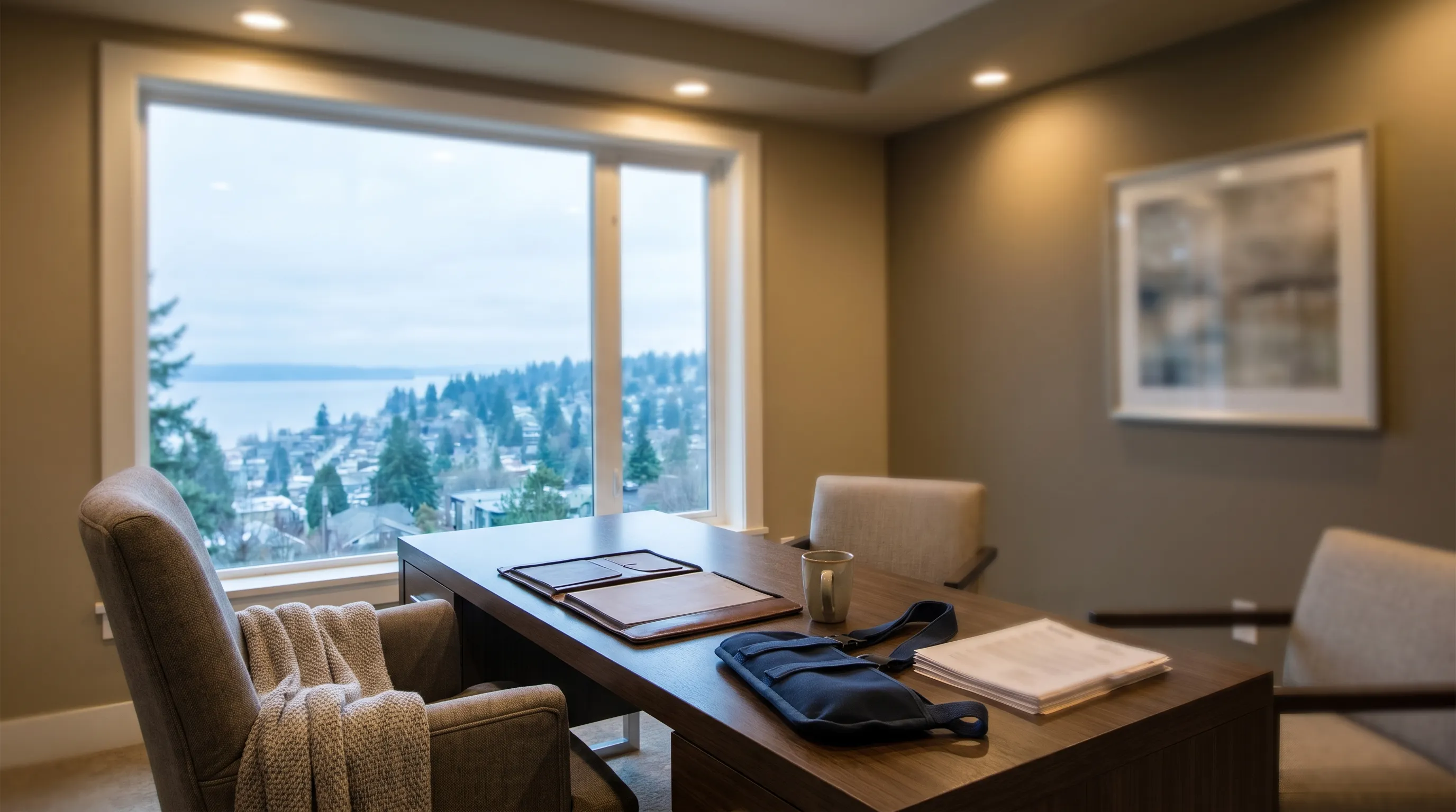 Personal injury attorney consulting with a client in a professional Duluth, MN law office with Lake Superior visible through the window