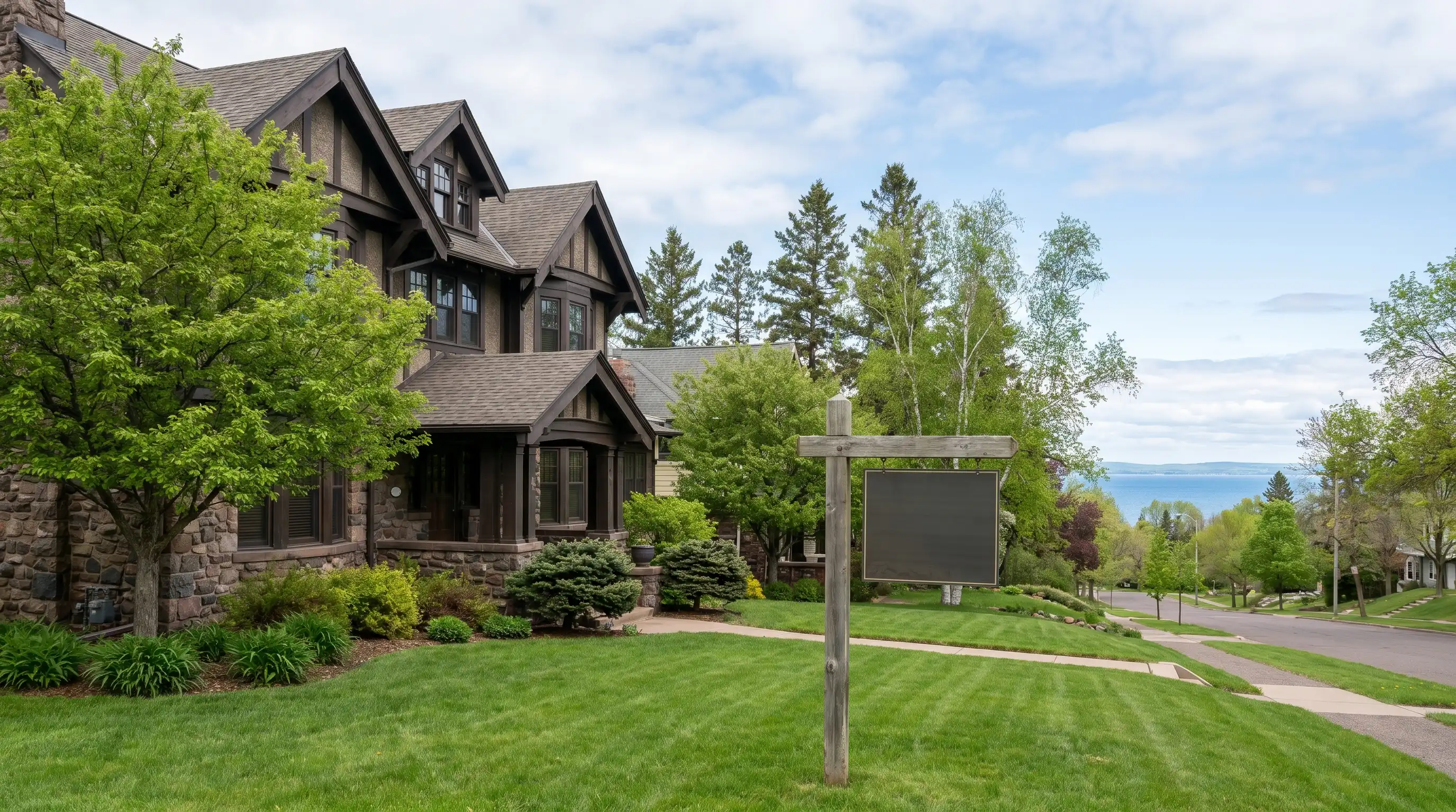 Real estate agent showing a craftsman home in Duluth, MN's Congdon Park neighborhood with Lake Superior visible in the background