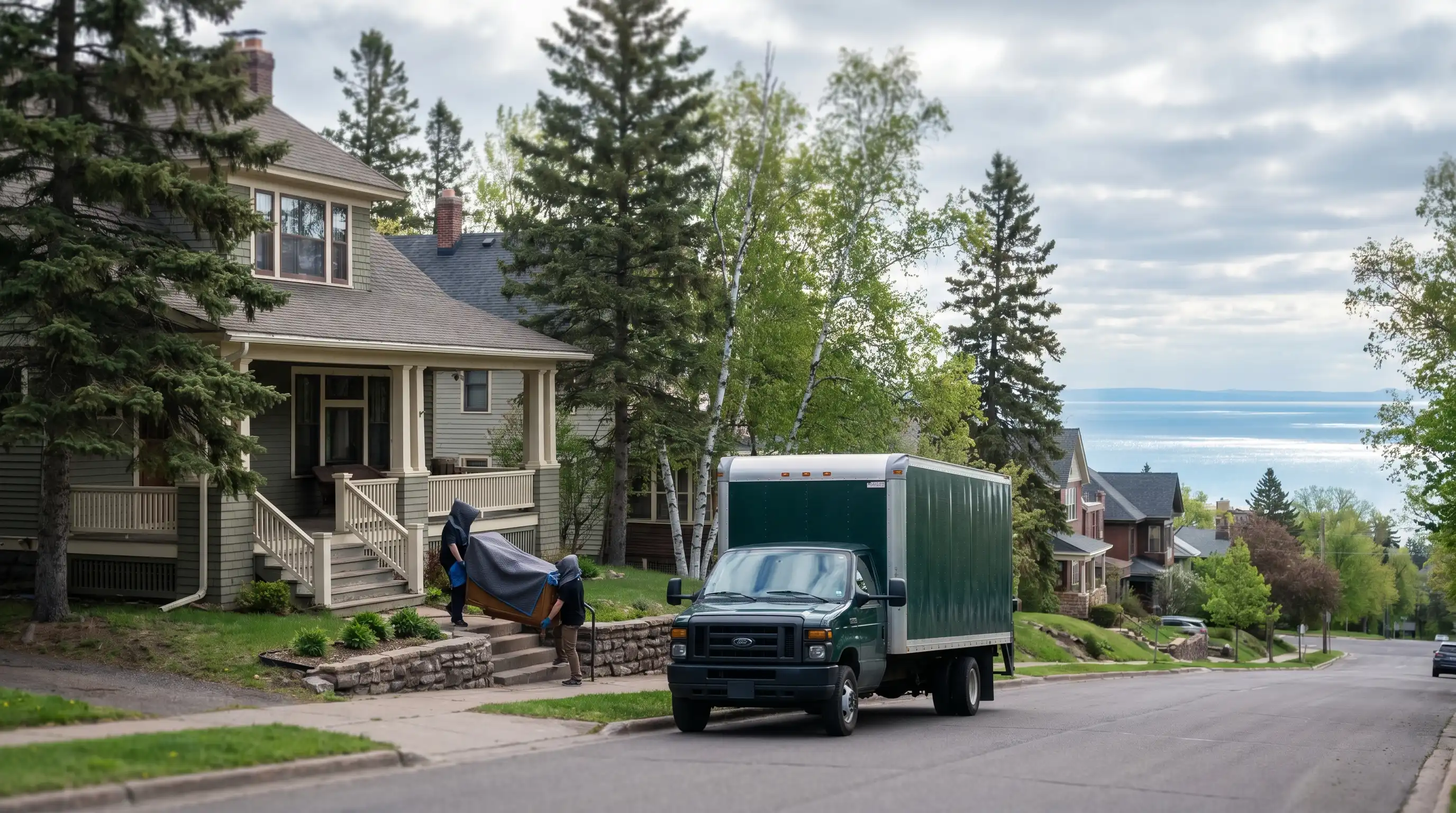 Professional movers carrying furniture up the steps of a hillside craftsman home in Duluth, MN with Lake Superior in the background