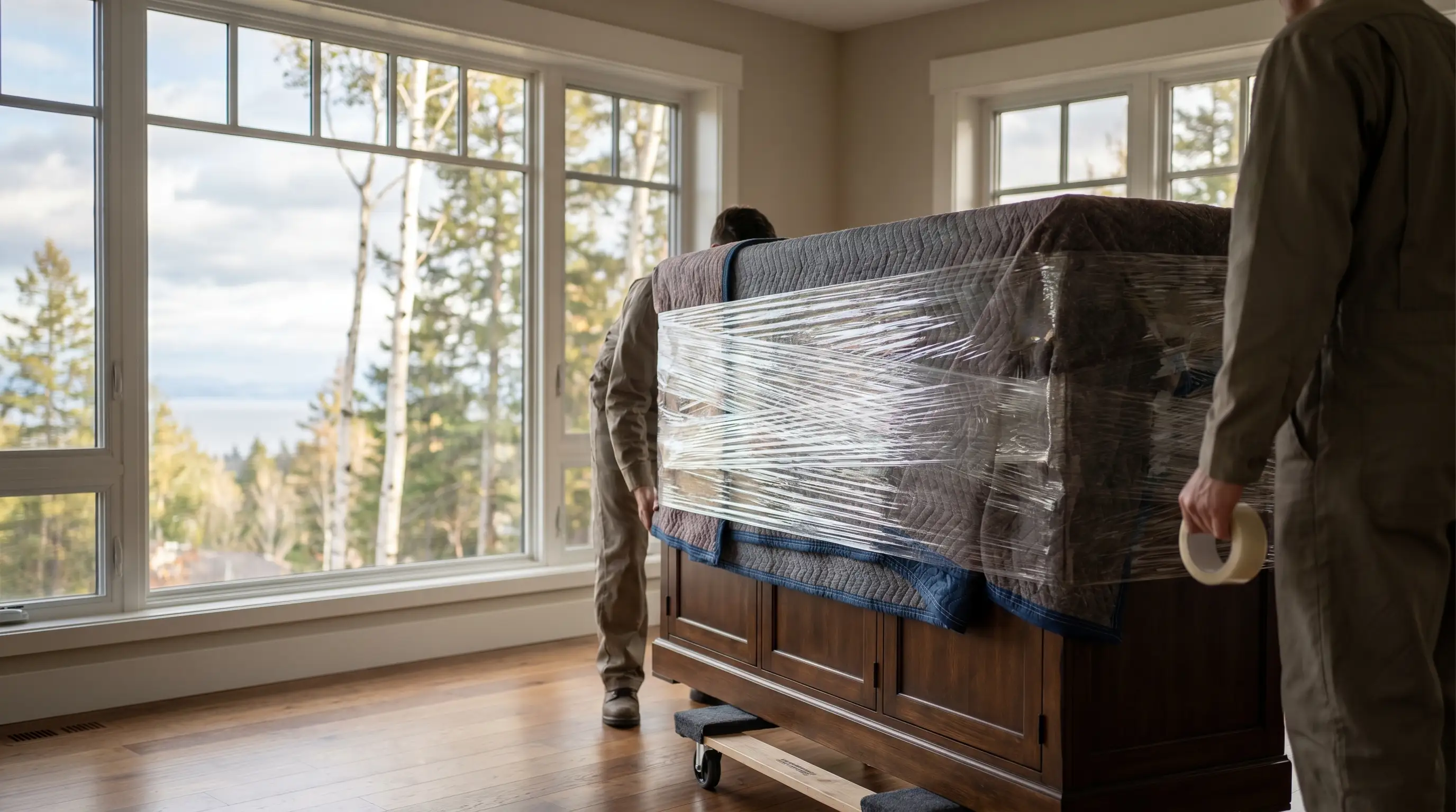 Professional movers carrying furniture up the steps of a hillside craftsman home in Duluth, MN with Lake Superior in the background