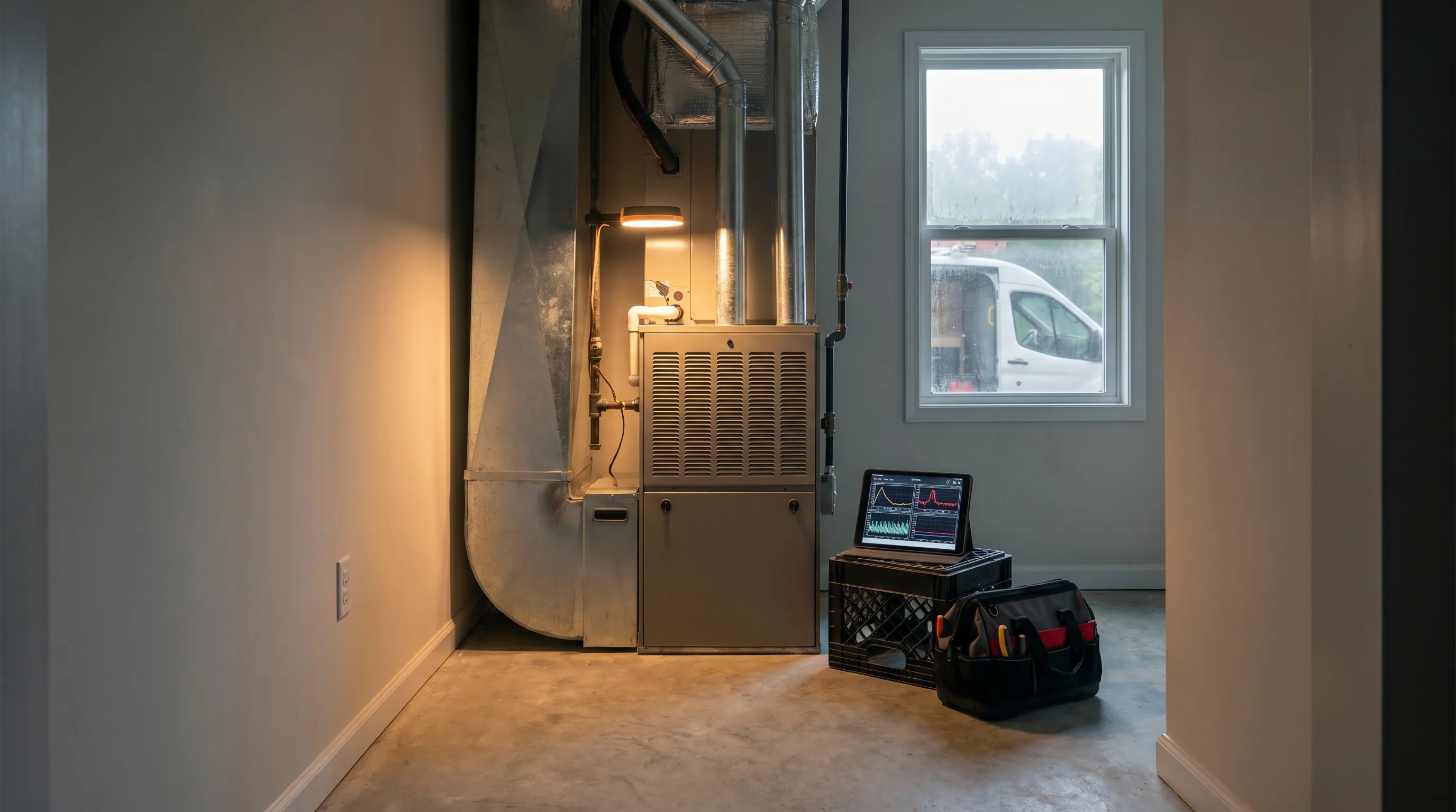 Professional HVAC technician servicing an outdoor air conditioning unit at a red brick ranch home in Fort Smith, AR