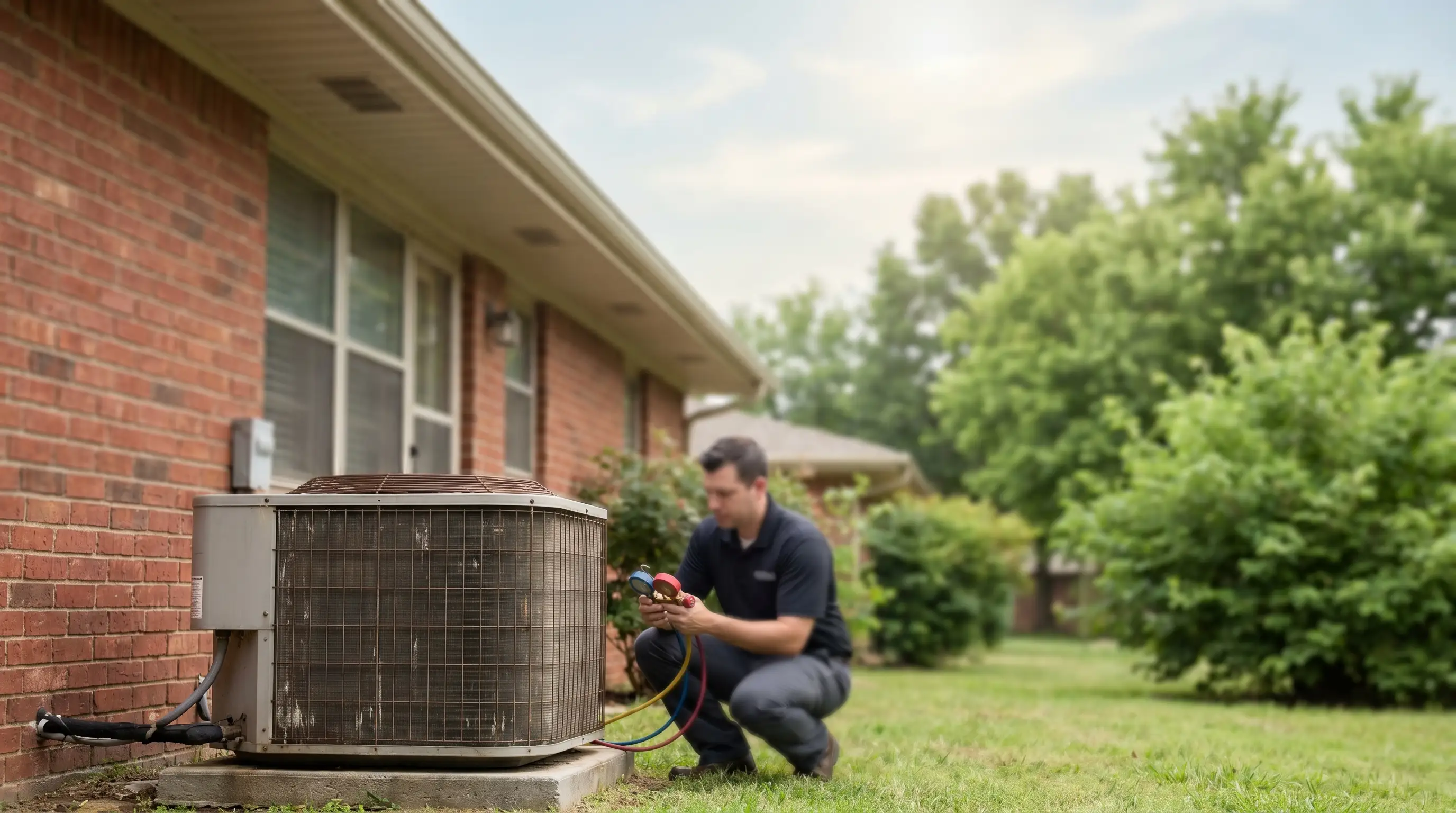 Professional HVAC technician servicing an outdoor air conditioning unit at a red brick ranch home in Fort Smith, AR