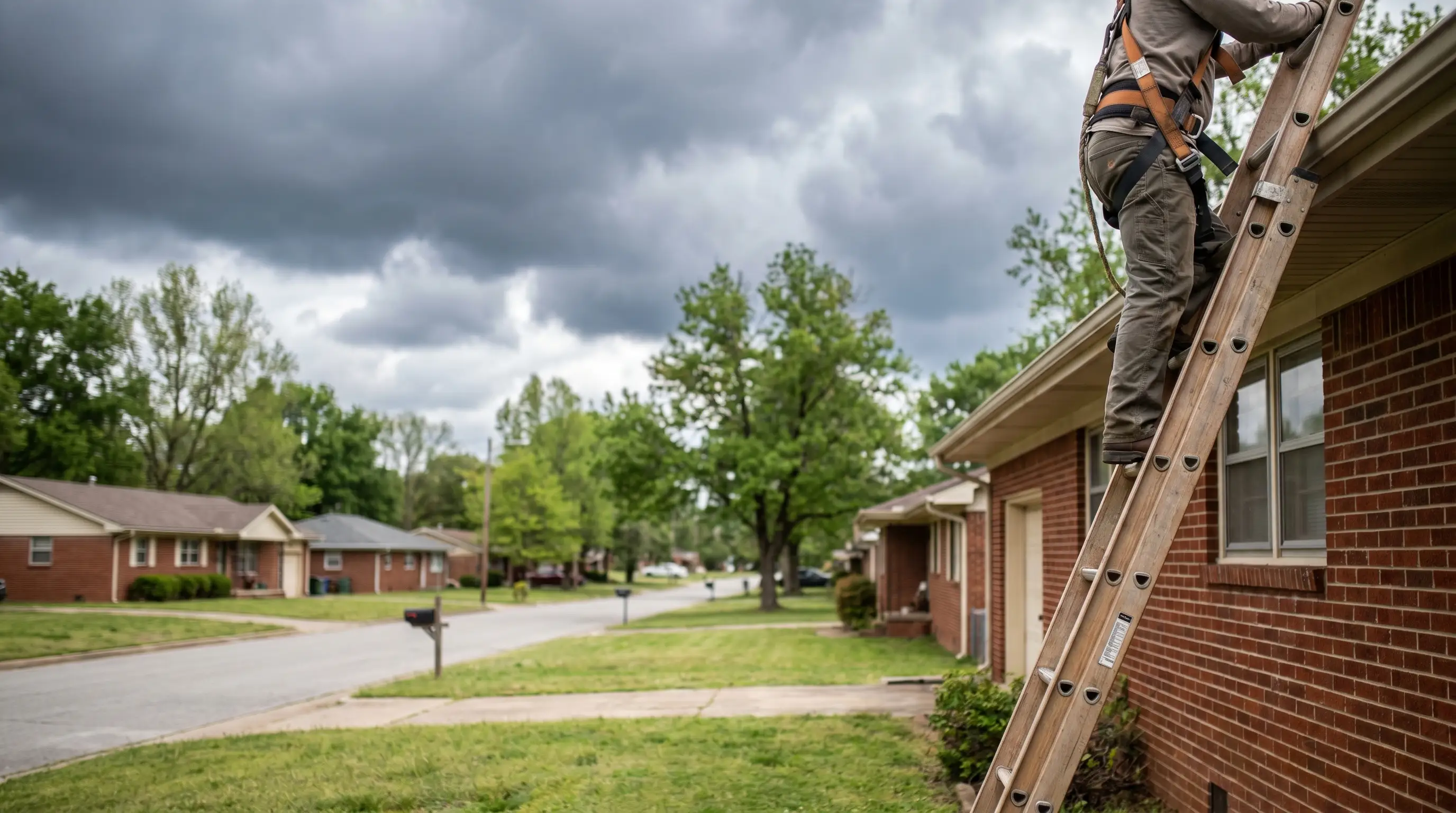 Roofing contractor installing architectural shingles on a Fort Smith AR residential home with storm clouds on the Arkansas horizon