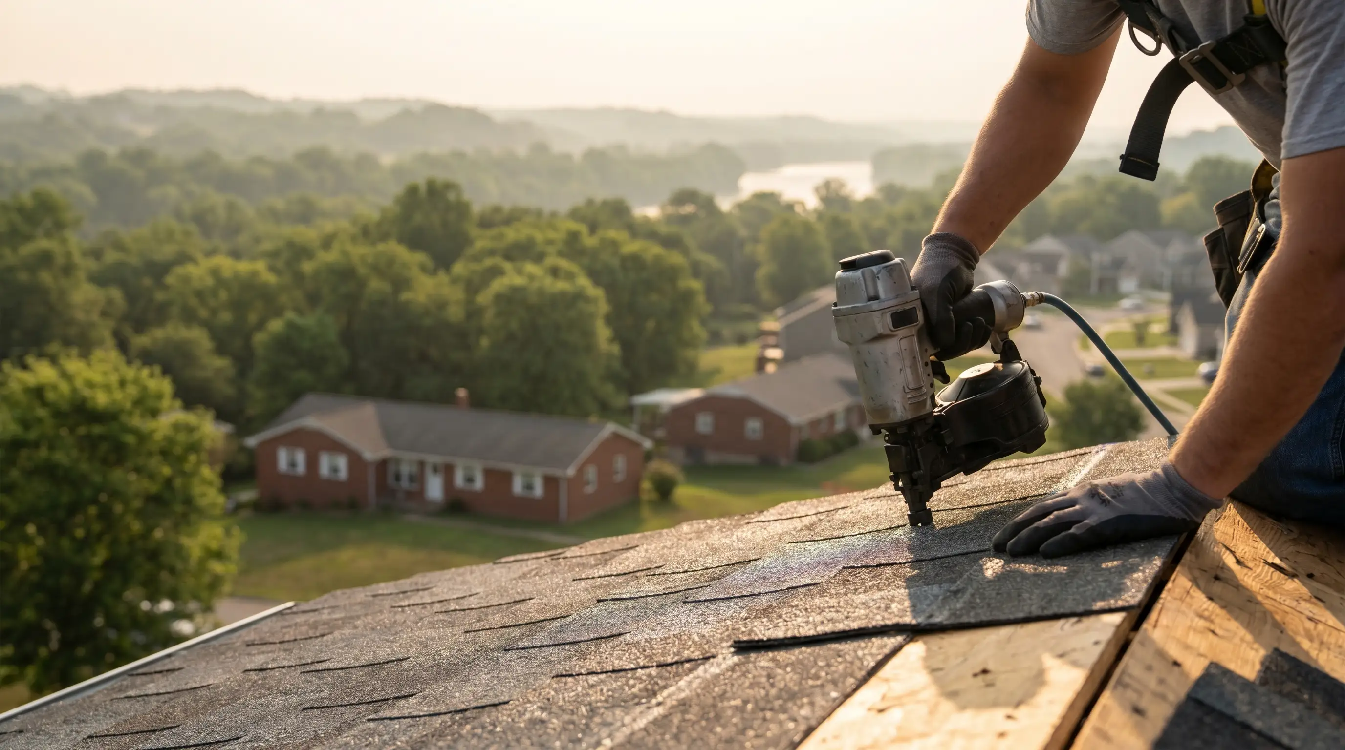 Roofing contractor installing architectural shingles on a Fort Smith AR residential home with storm clouds on the Arkansas horizon