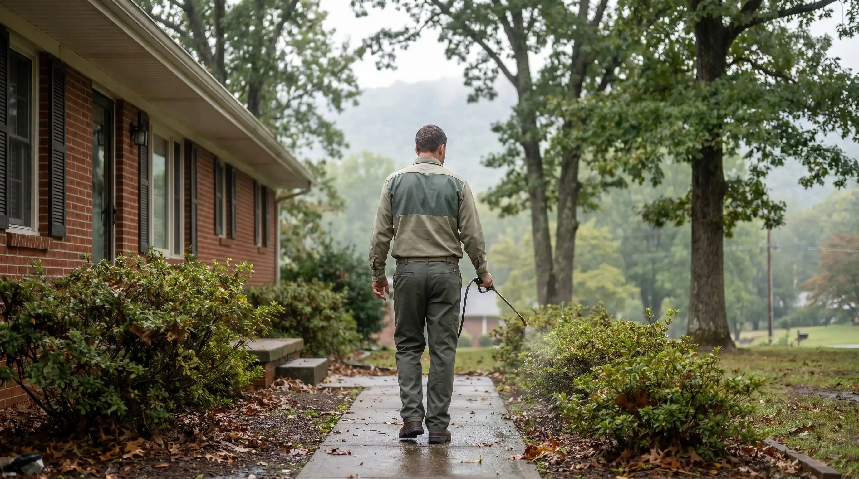 Pest control technician in branded uniform treating the foundation of a brick ranch home in Fort Smith AR surrounded by mature oak trees