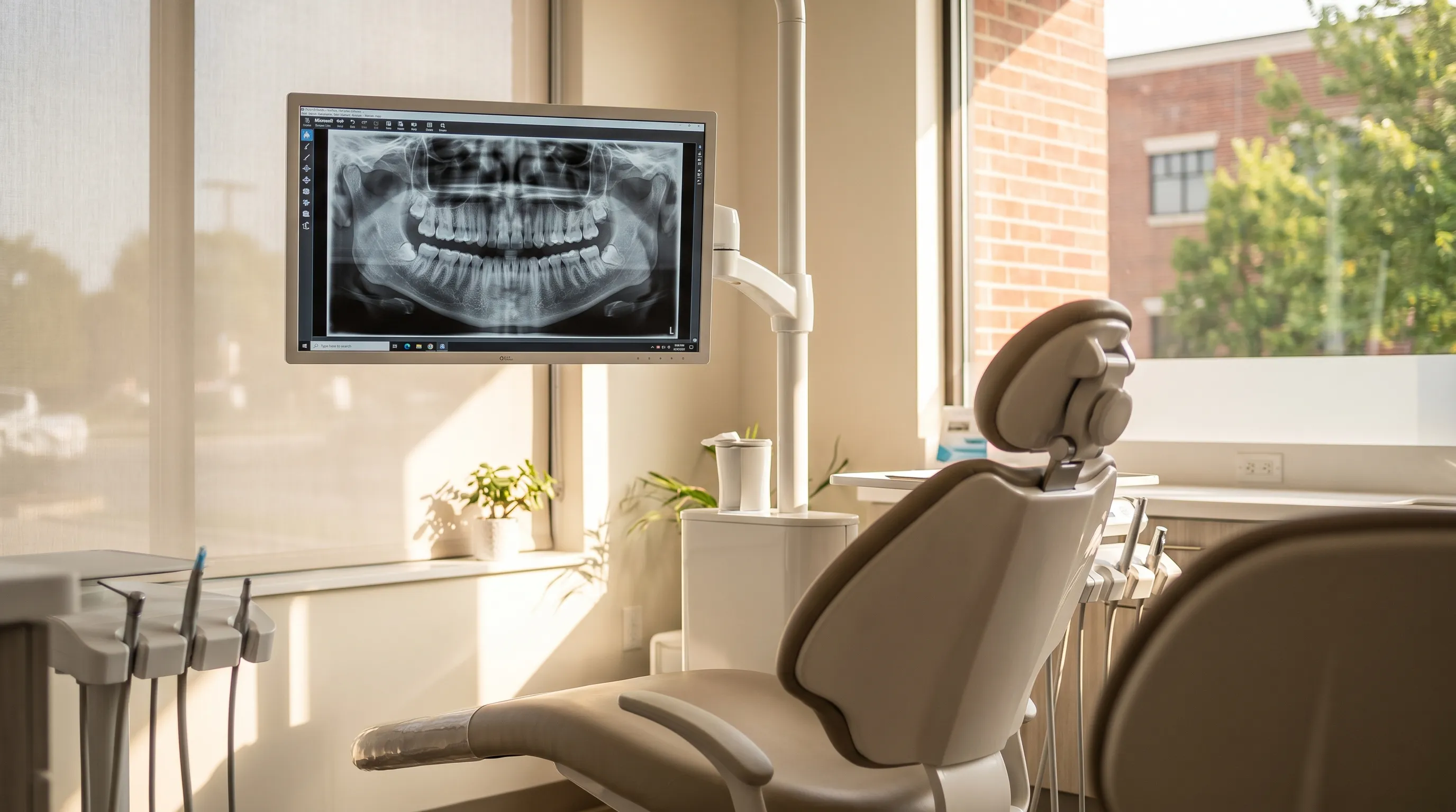 Modern dental office interior in Fort Smith AR with dentist and patient reviewing treatment options in a clean professional operatory