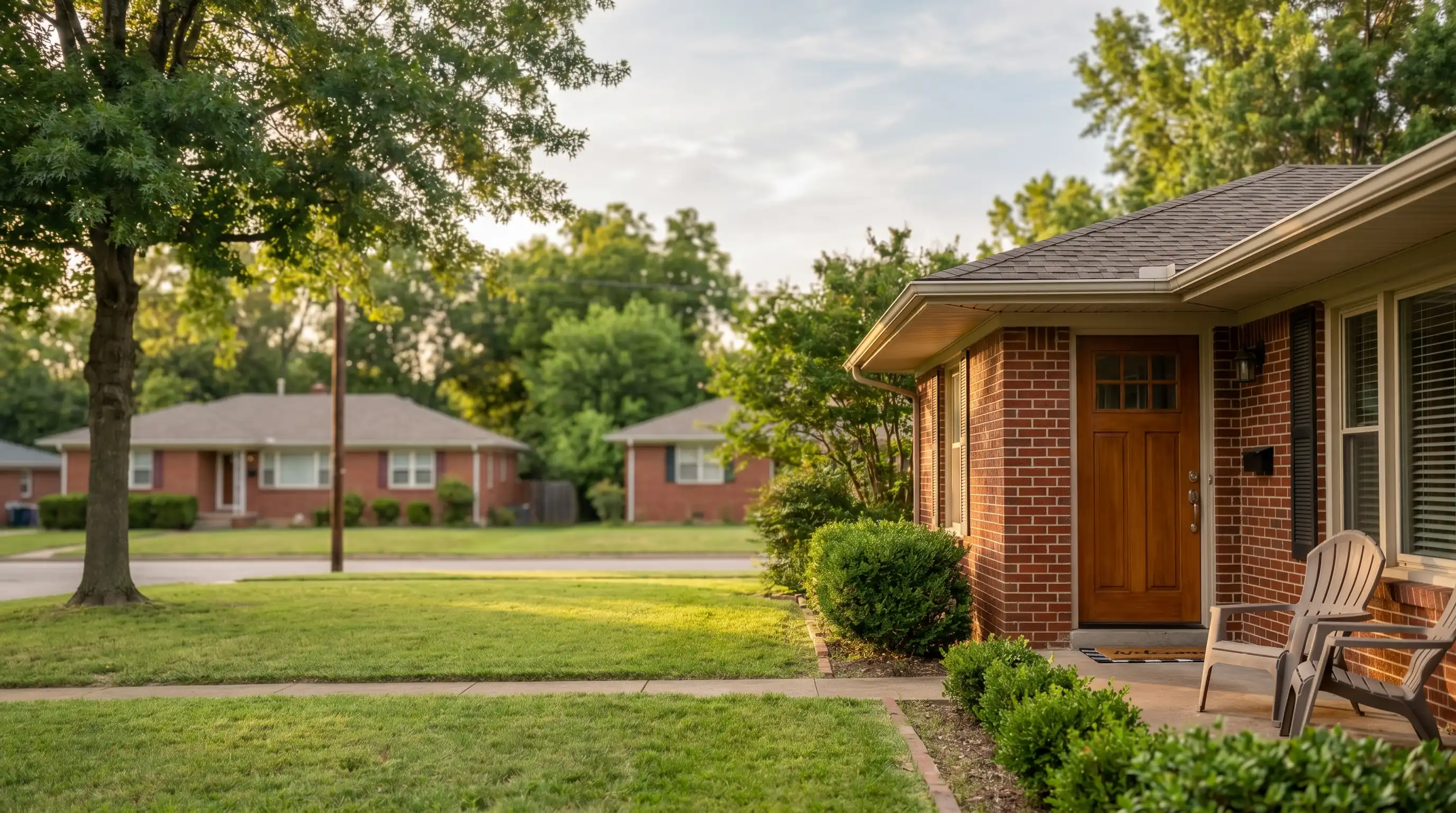 Professional caregiver in a branded polo greeting an elderly woman at the front door of a tidy Fort Smith brick bungalow on a warm sunny afternoon with Arkansas hardwood trees framing the scene