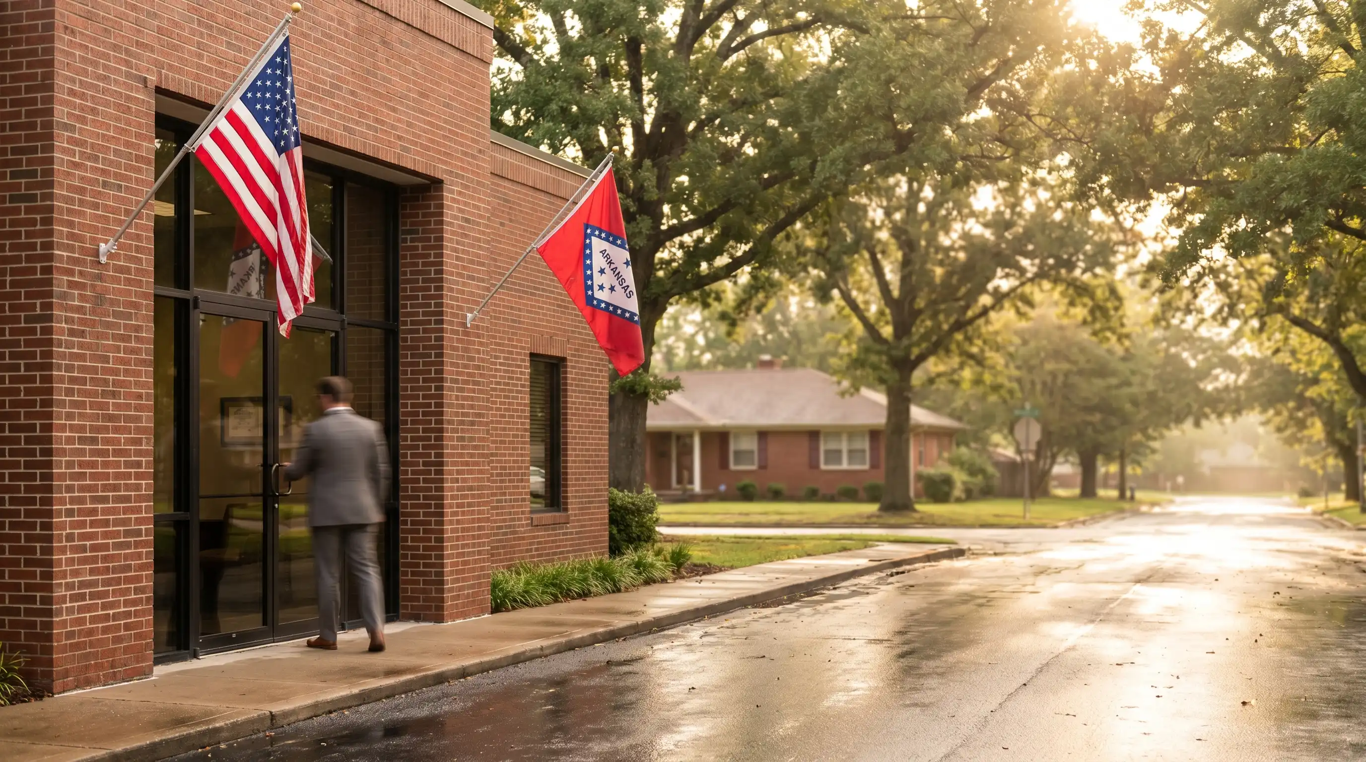 Professional attorney in business attire standing at the entrance of a classic brick law office near the Sebastian County Courthouse in Fort Smith AR on a bright afternoon