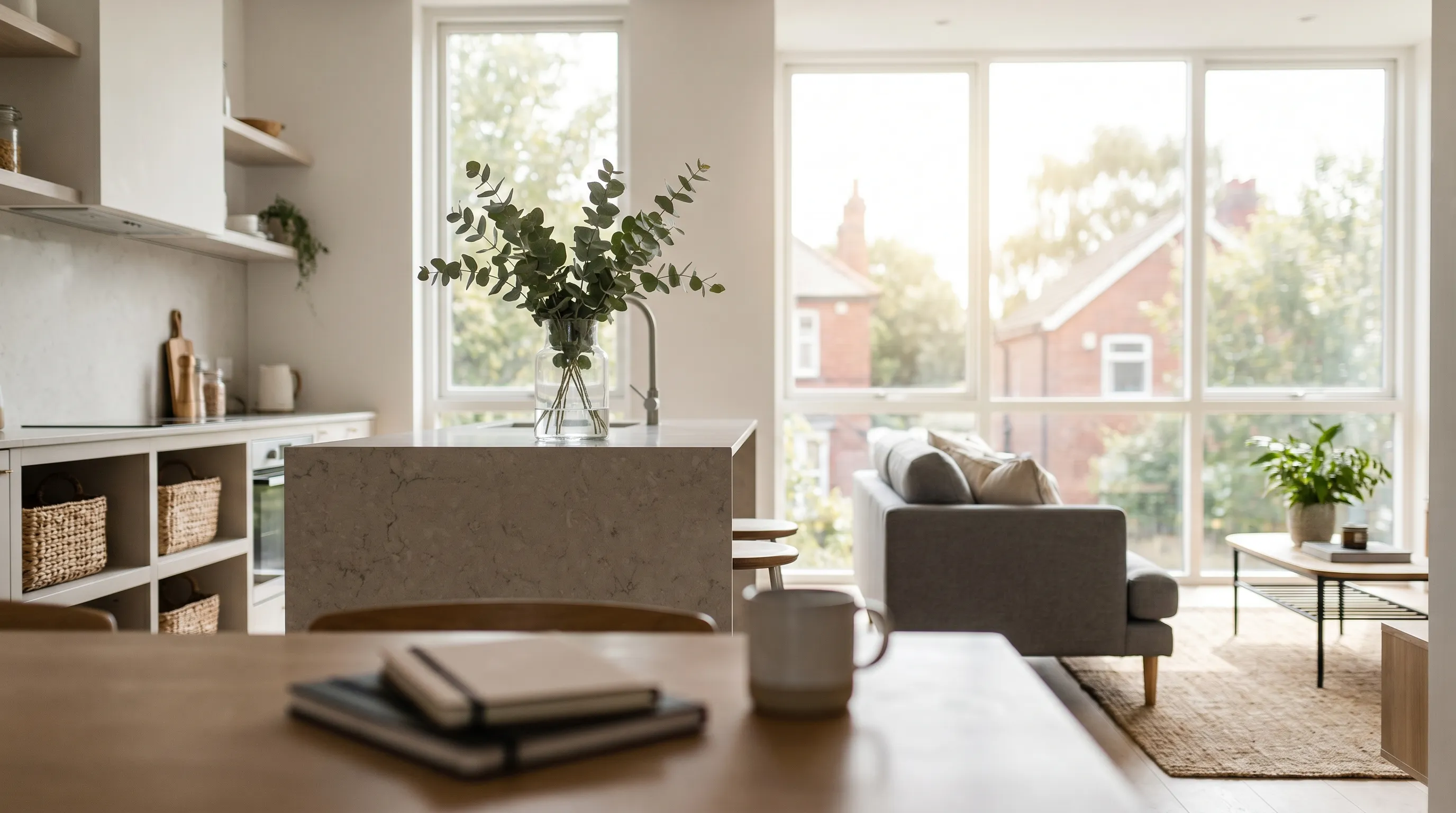 Real estate agent showing a well-staged living room to a buyer couple in a classic brick home in Fort Smith AR on a sunny spring morning with mature hardwood trees visible through large windows