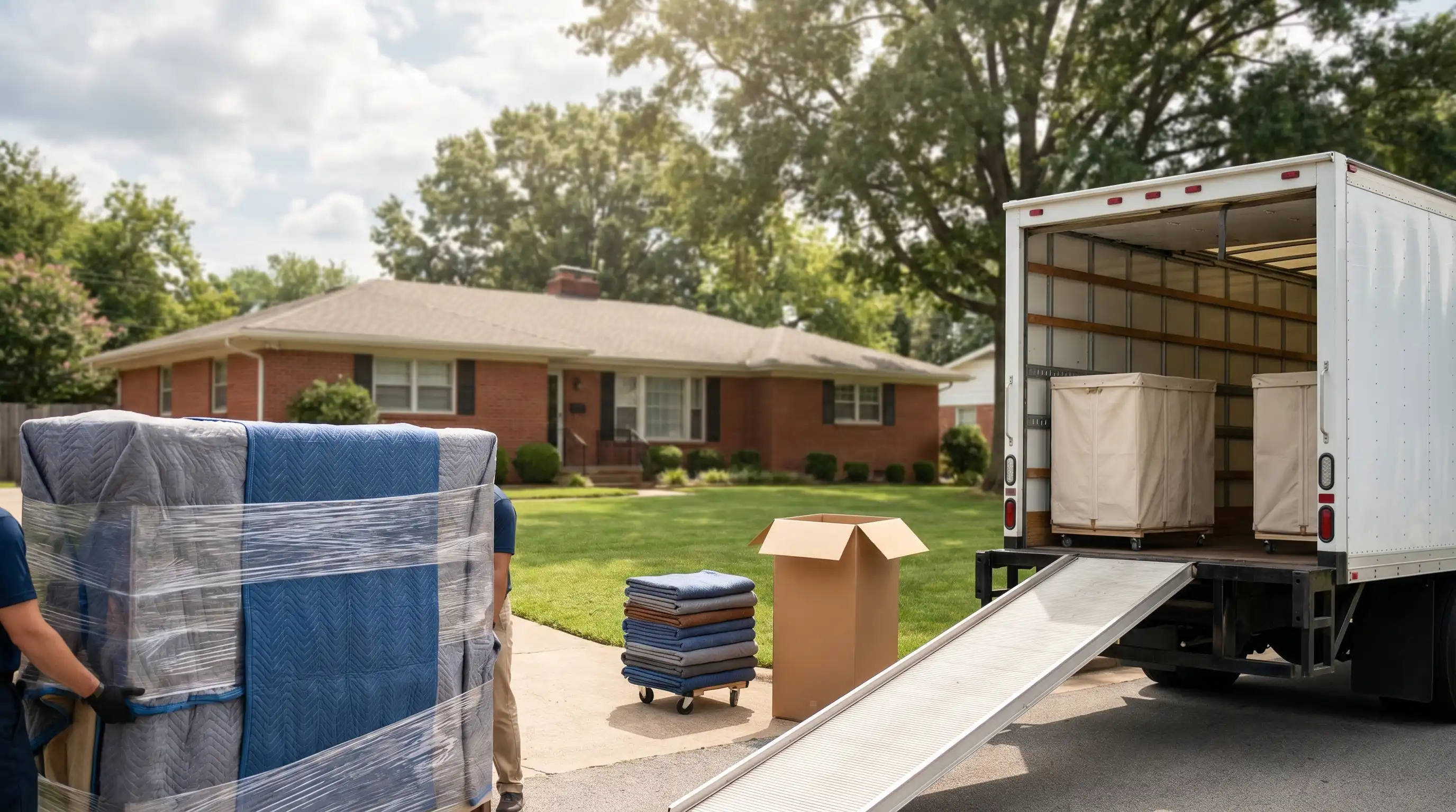 Professional moving crew in branded uniforms carefully loading wrapped furniture into a clean moving truck parked in the sunny driveway of a classic Fort Smith brick home with mature oak trees lining the street