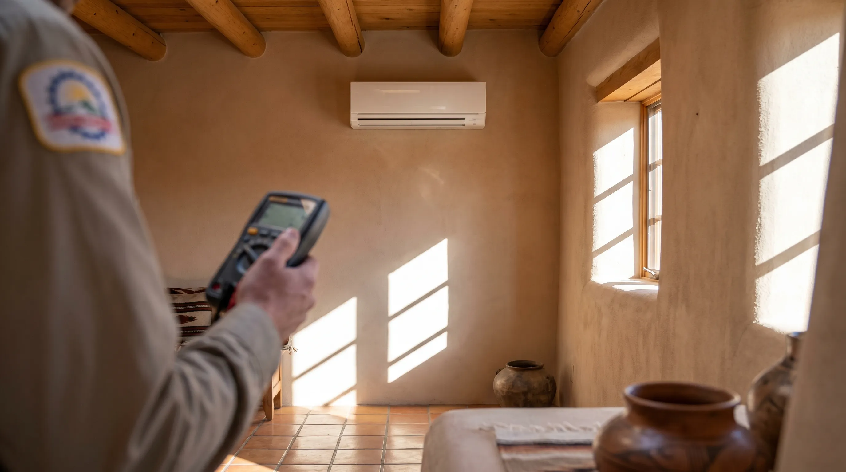 HVAC technician inspecting a ductless mini-split unit inside a Santa Fe adobe home with exposed vigas and Saltillo tile flooring