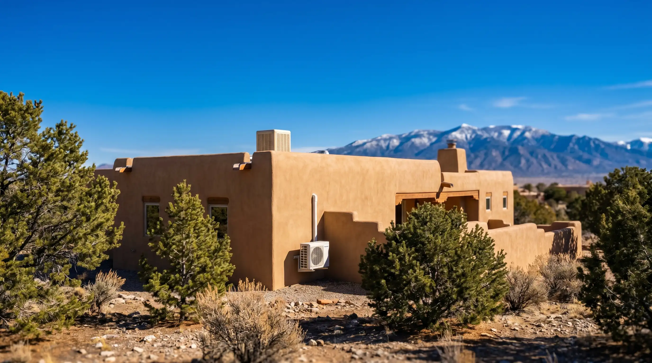 HVAC technician inspecting a ductless mini-split unit inside a Santa Fe adobe home with exposed vigas and Saltillo tile flooring