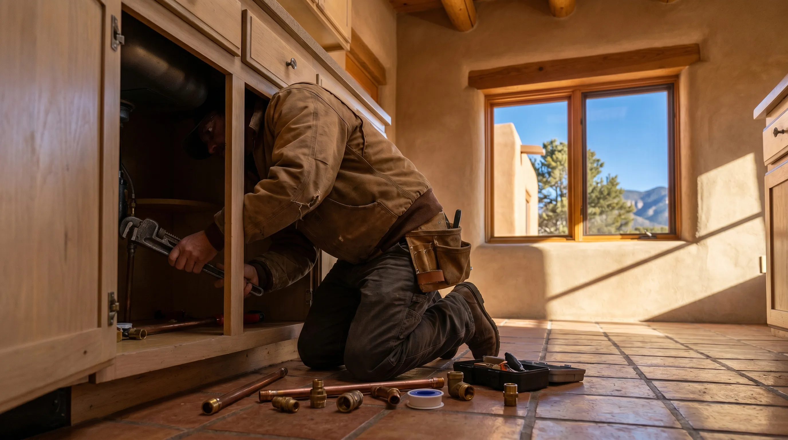 Licensed plumber working under a kitchen sink in a Santa Fe adobe home with Saltillo tile floors and exposed adobe wall visible behind the cabinetry