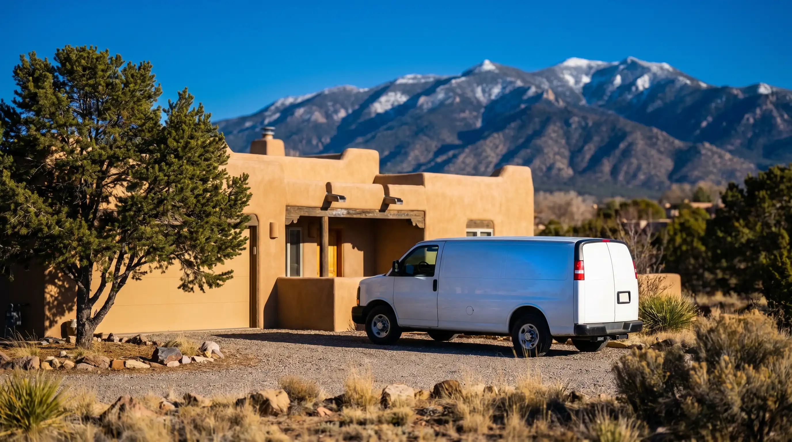 Licensed plumber working under a kitchen sink in a Santa Fe adobe home with Saltillo tile floors and exposed adobe wall visible behind the cabinetry