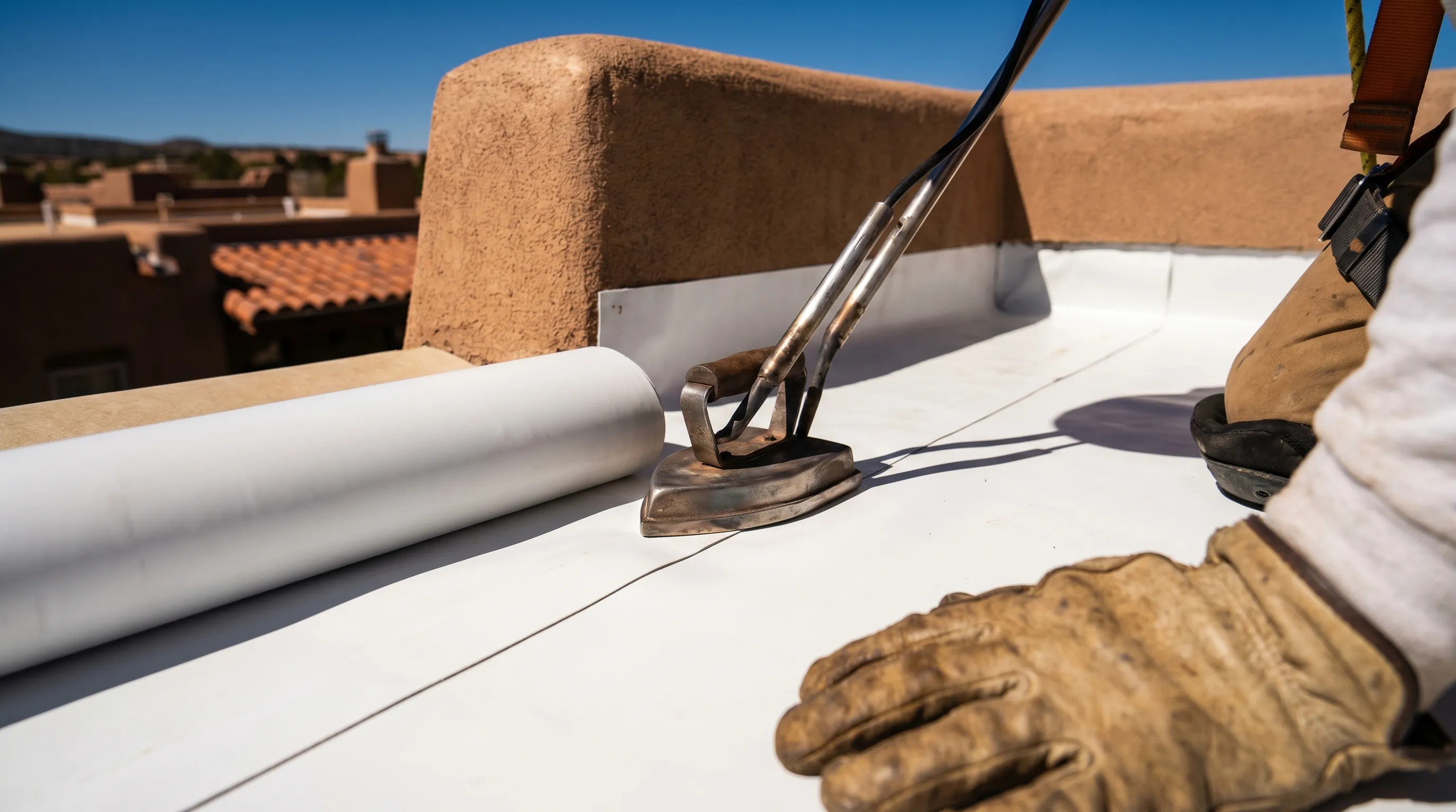 Roofing contractor applying TPO membrane on a Santa Fe flat roof with adobe parapet walls and Sangre de Cristo Mountains visible in the background