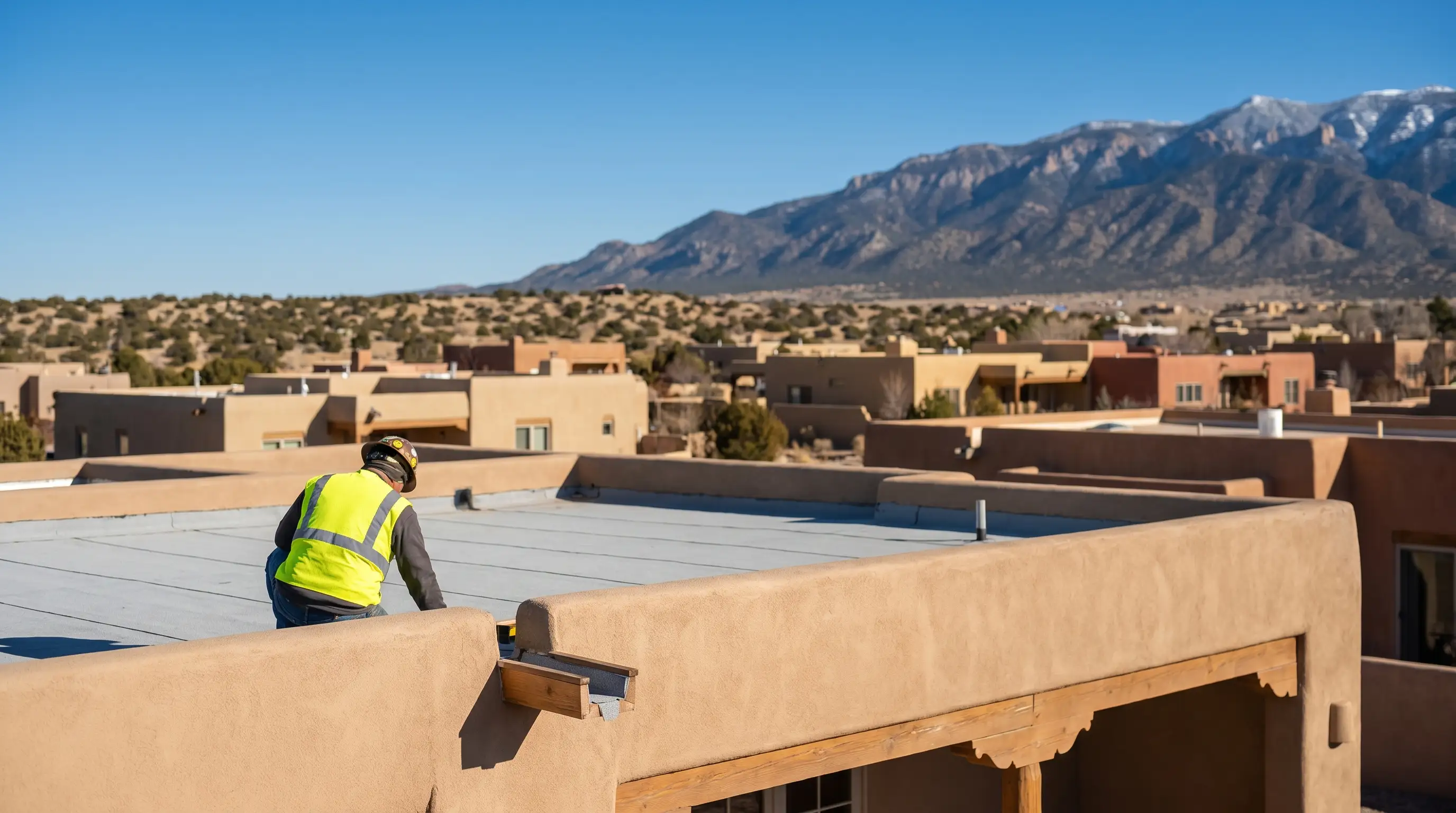 Roofing contractor applying TPO membrane on a Santa Fe flat roof with adobe parapet walls and Sangre de Cristo Mountains visible in the background