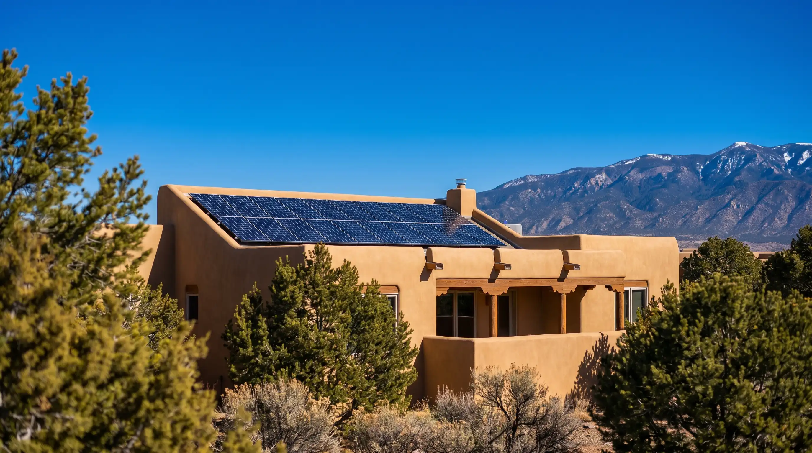 Solar installation technician mounting panel brackets on a Santa Fe adobe home's flat roof with safety harness, high-altitude desert sunlight illuminating completed panel rows in background
