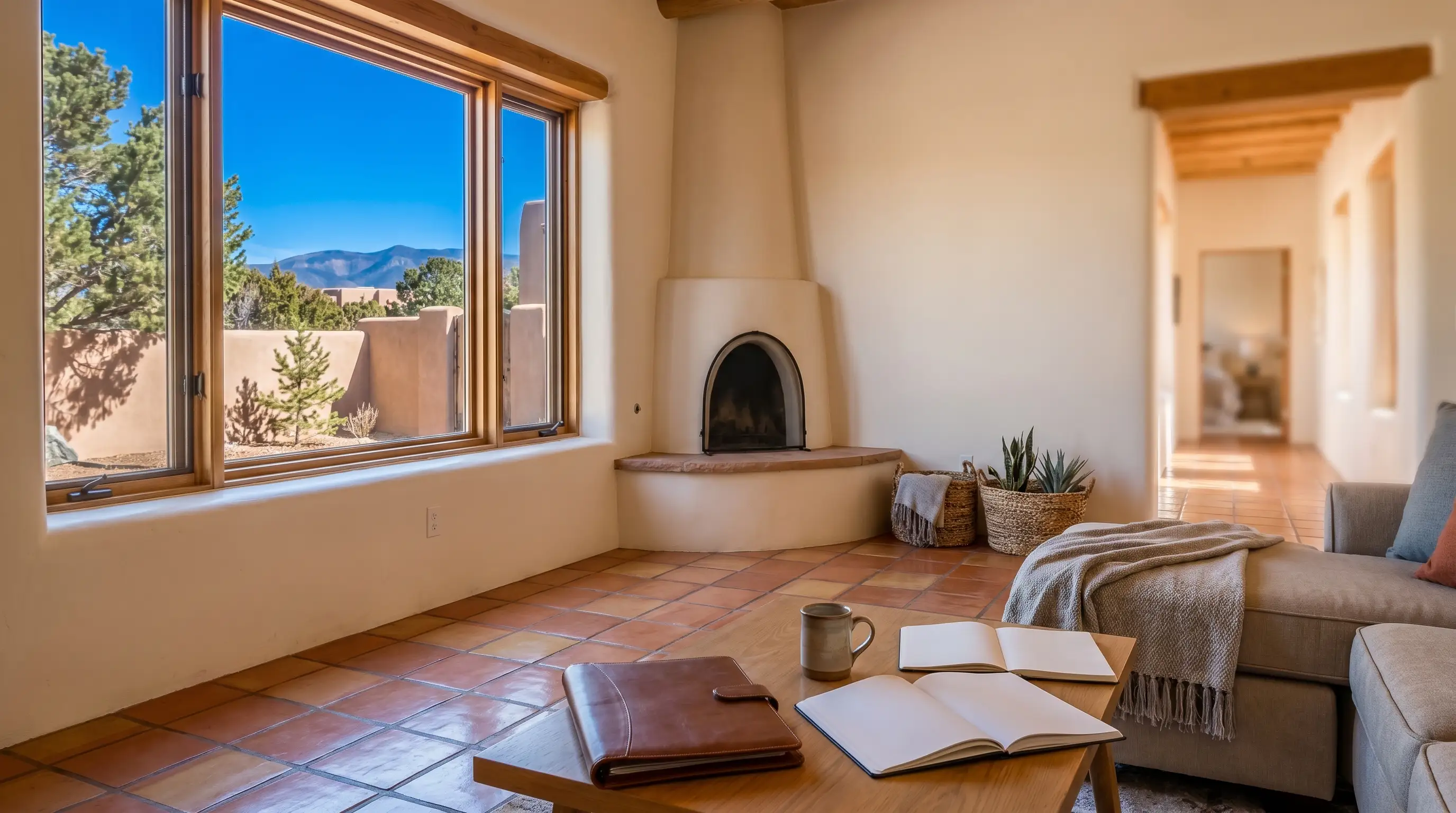 Real estate agent showing a beautifully renovated Santa Fe adobe living room with exposed vigas, Saltillo tile floors, and a kiva fireplace to prospective buyers