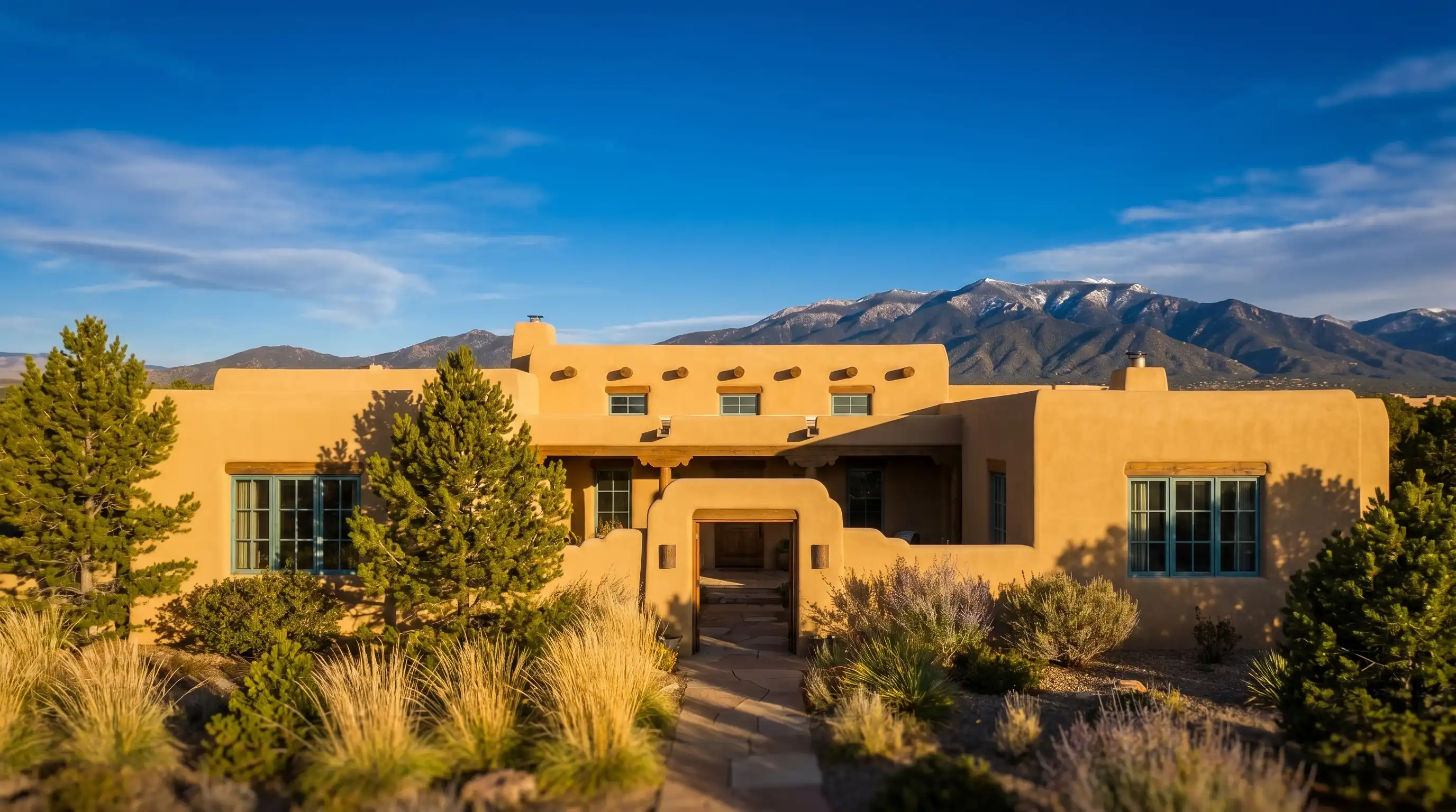 Real estate agent showing a beautifully renovated Santa Fe adobe living room with exposed vigas, Saltillo tile floors, and a kiva fireplace to prospective buyers