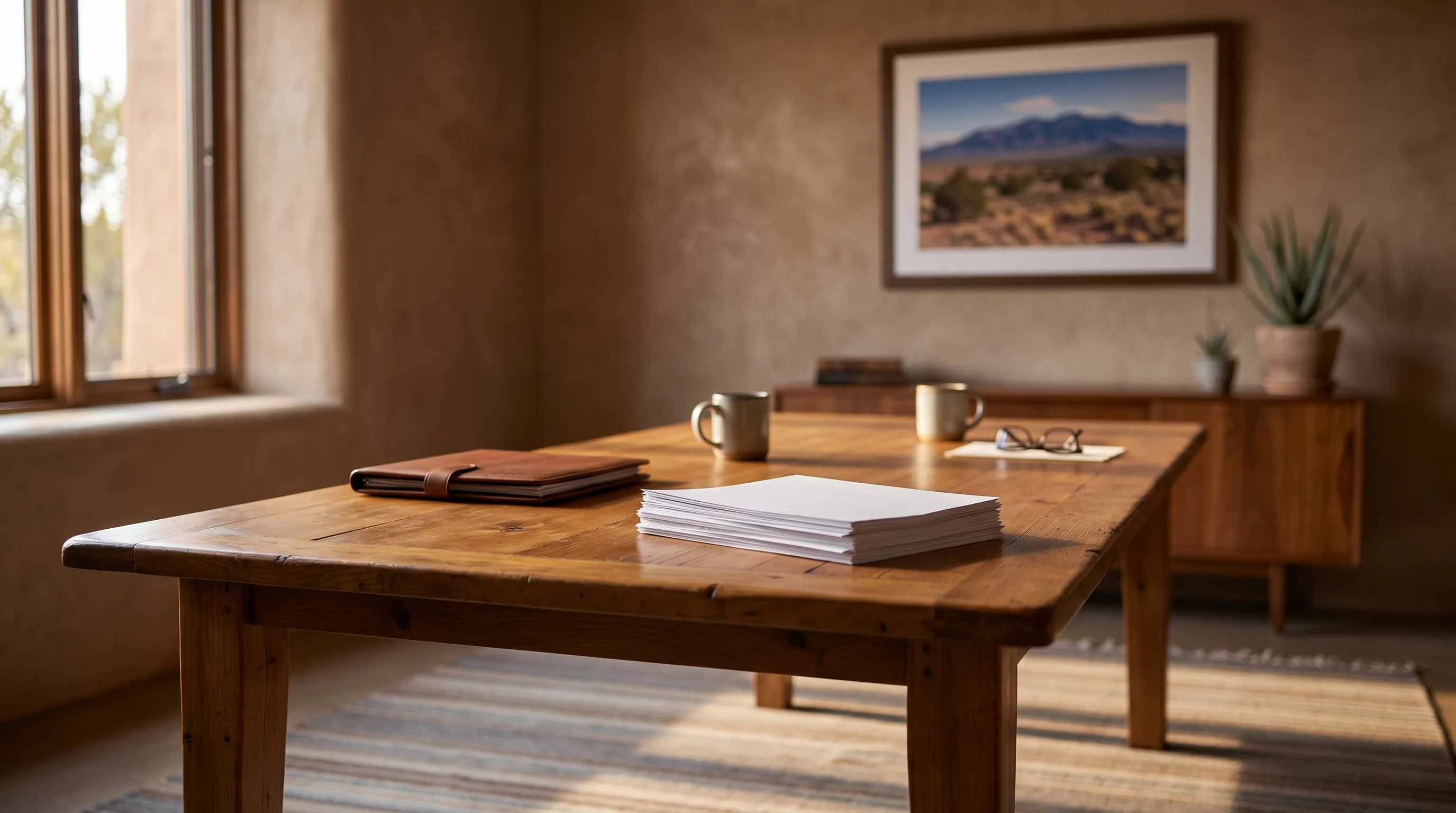 Personal injury attorney consulting with a client in a professional Santa Fe law office with earth-tone walls, piΓ±on wood desk, and afternoon light through a deeply-set window