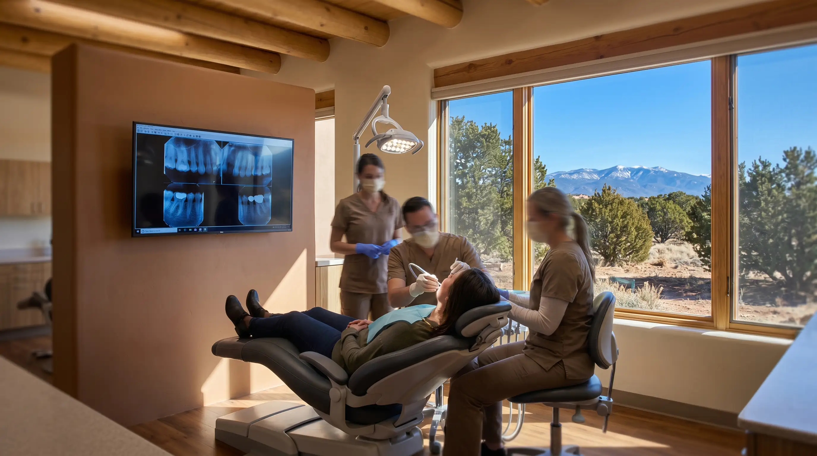 Dentist in scrubs working chairside with a patient in a warm Santa Fe dental operatory with earth-tone accent walls and digital X-ray monitor visible
