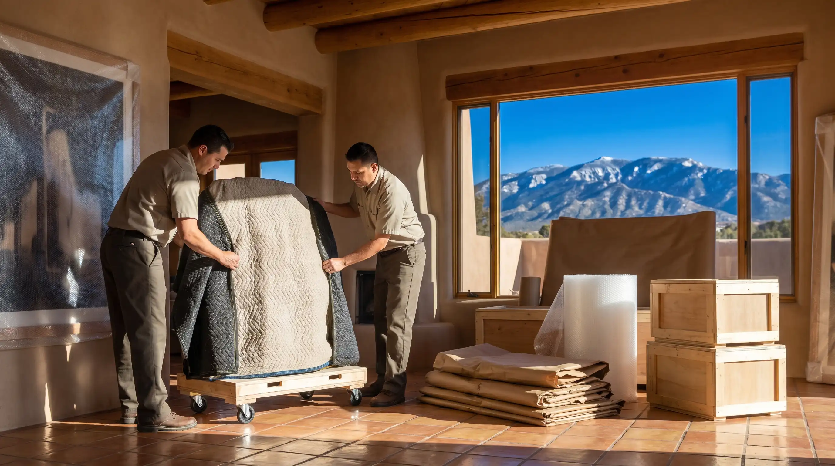 Two professional movers in branded uniforms carefully wrapping a large oil painting in a Santa Fe adobe living room with exposed vigas and Saltillo tile floors